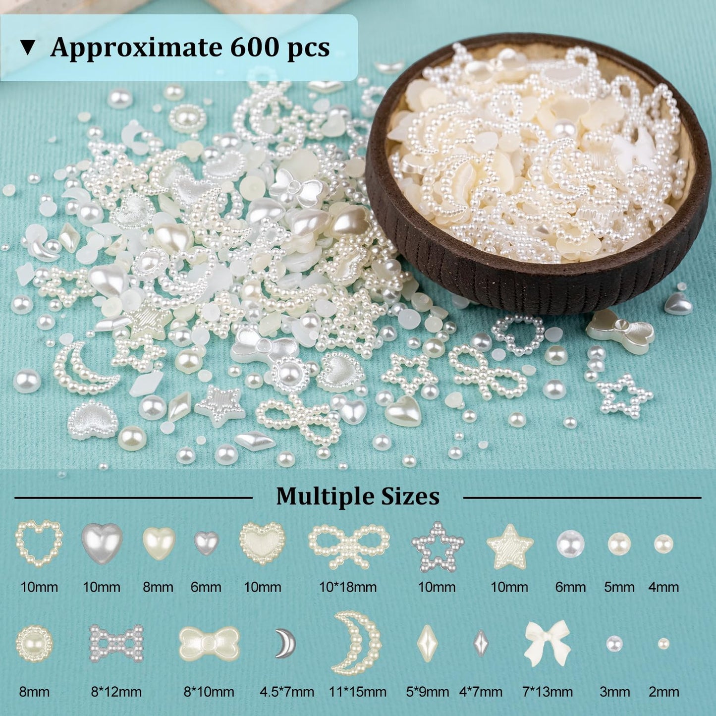 600Pcs 3D Multi Shapes Nail Charms and Flatback Pearls, White&Beige Mix Styles Heart Star Bow Sunflower Embellishments for Nail Art, Craft and Decoration with Glue Gel, Tweezer and Pickup Pencil