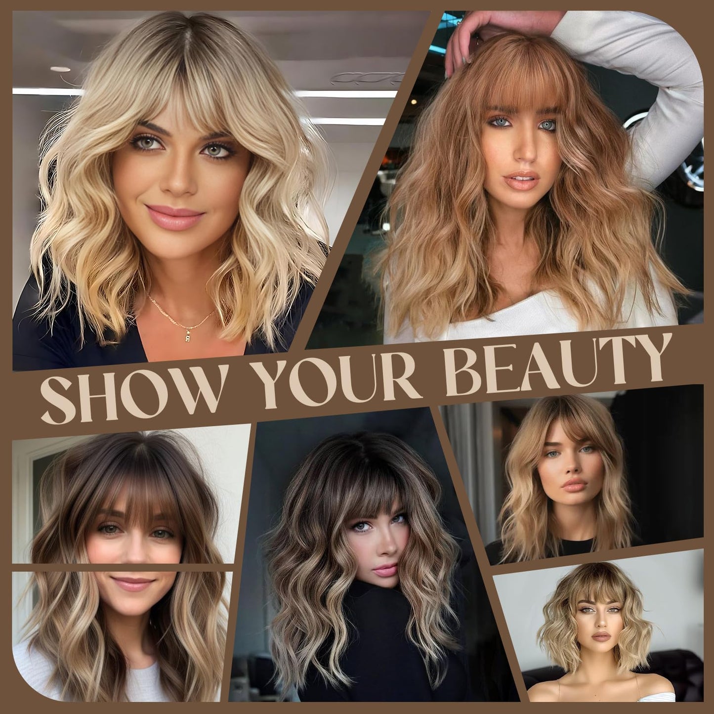 MISSQUEEN Ombre Blonde Wig with Bangs Short Wavy Brown Omber Blonde Wigs for Women Natural Looking Synthetic Heat Resistant Fiber Wig for Daily Party Cosplay Use