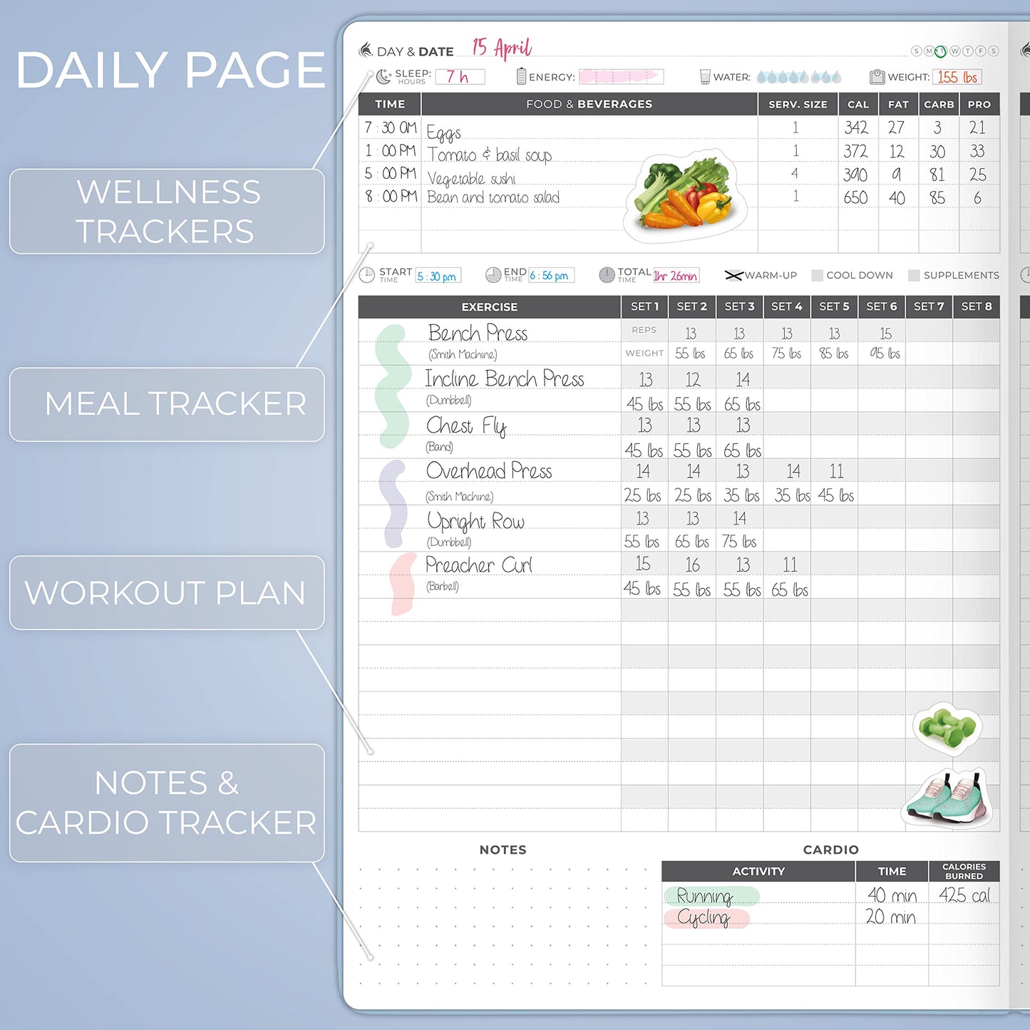Clever Fox Fitness Journal PRO – Daily Workout Planner with Meal Planner & Habit Tracker – Gym Exercise Log Book for Women & Men – Fitness Planner Notebook – Lasts 6 Months, 7x10” - Light Blue