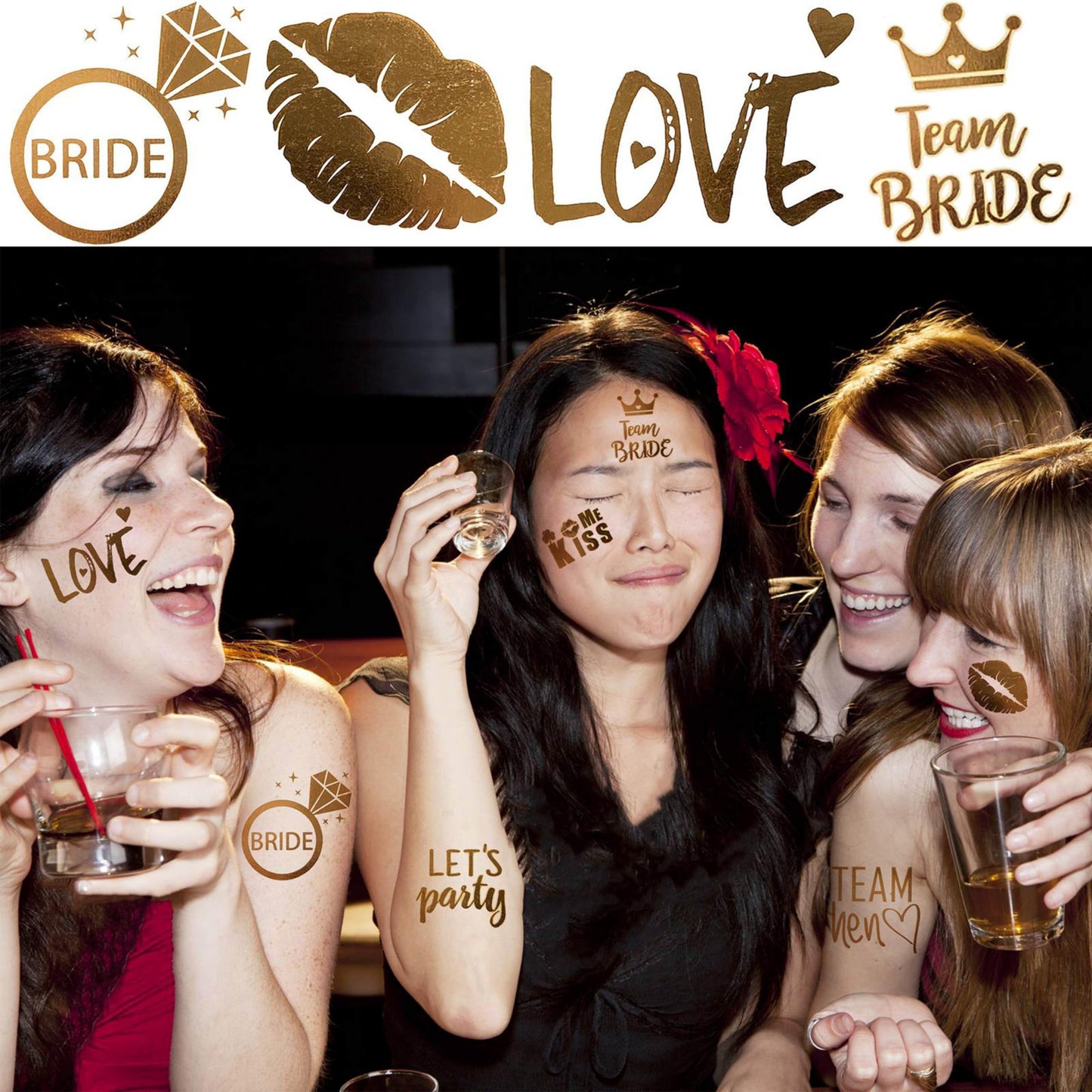 16 PCS Wedding Cheers Bachelorette Temporary Tattoos For Women Men Adults, Flash Glitter Gold Metallic Tattoos Girls Bachelor Party Favor Supplies Decoration, Bulk Bridesmaid Team Bride Tribe Love
