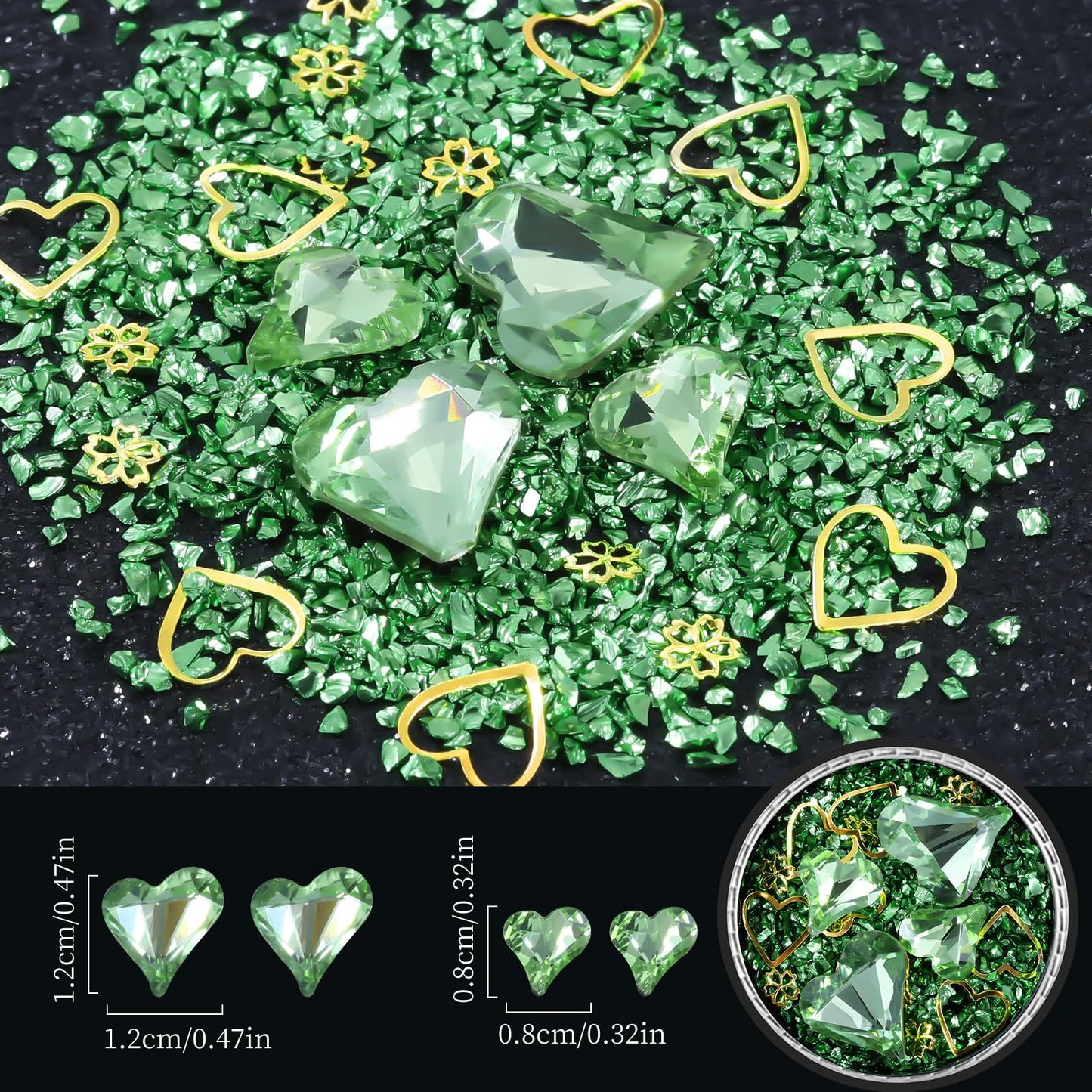 6 Wheels Mixed Sparkle Nail Art Rhinestones Diamonds Crystals Butterfly Beads Artificial Pearls Gold Silver Nail Studs Gems Metal Hollow Rivets Charms (Grass Green)