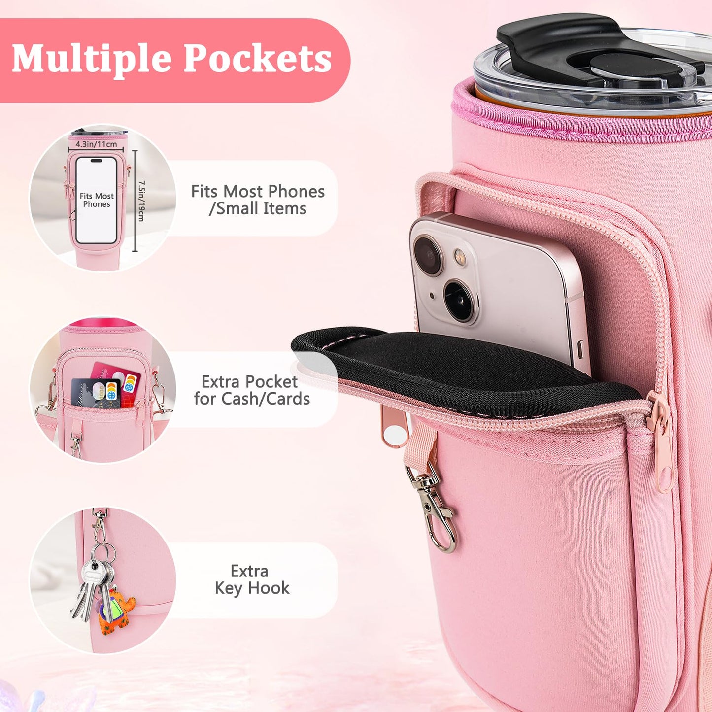 Water Bottle Carrier Bag with Phone Pocket and 2 Straw Covers Compatible with Stanley/Meoky/BrüMate 40 oz Tumbler with Handle,Water Bottle Holder with Adjustable Strap Fits for Stanley Cup Accessories