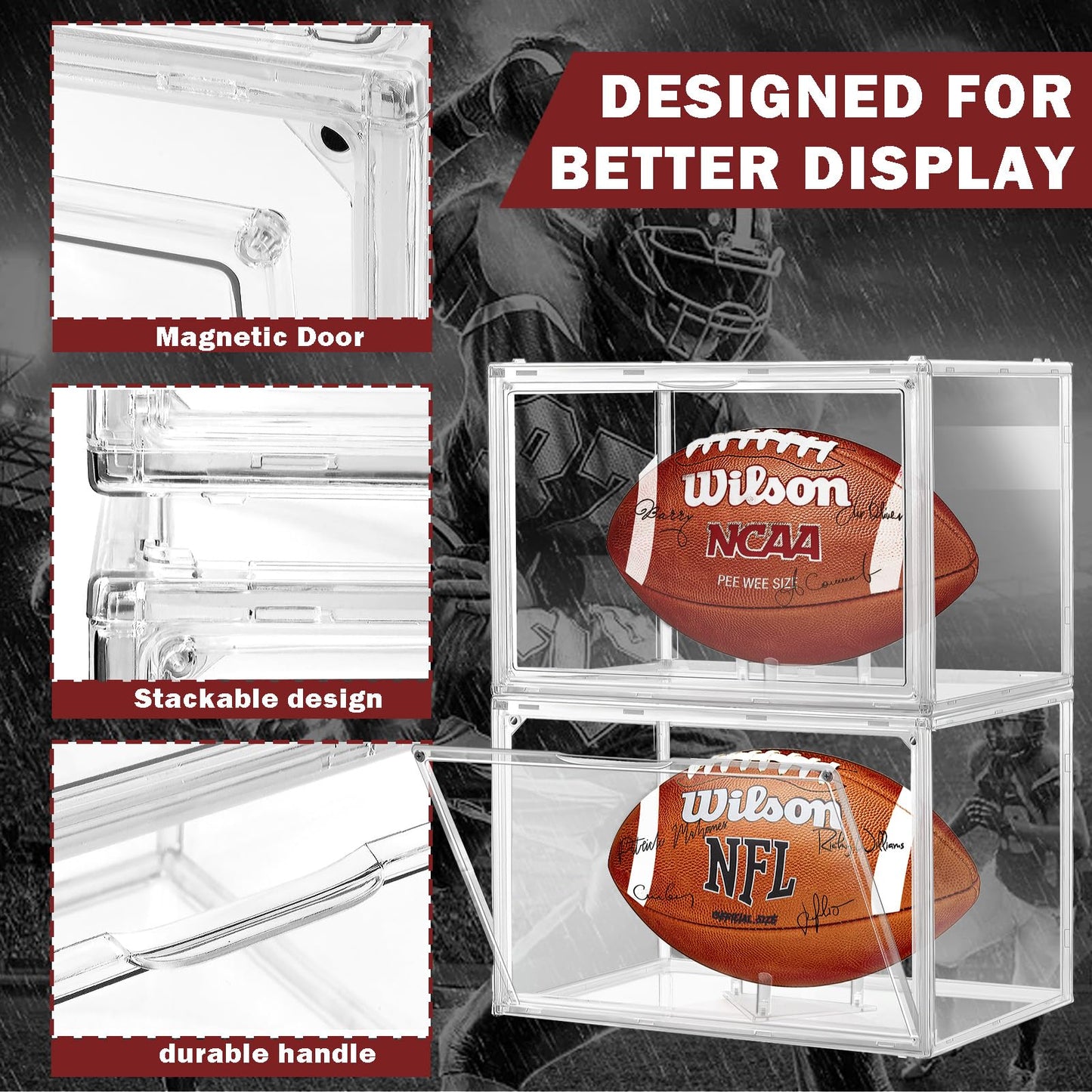 2 Pack Football Display Case, Leffis Football Case Display Case, Memorabilia Display Cases with Magnetic Door and Removable Football Stand for Autographed Football (Assembly Required)