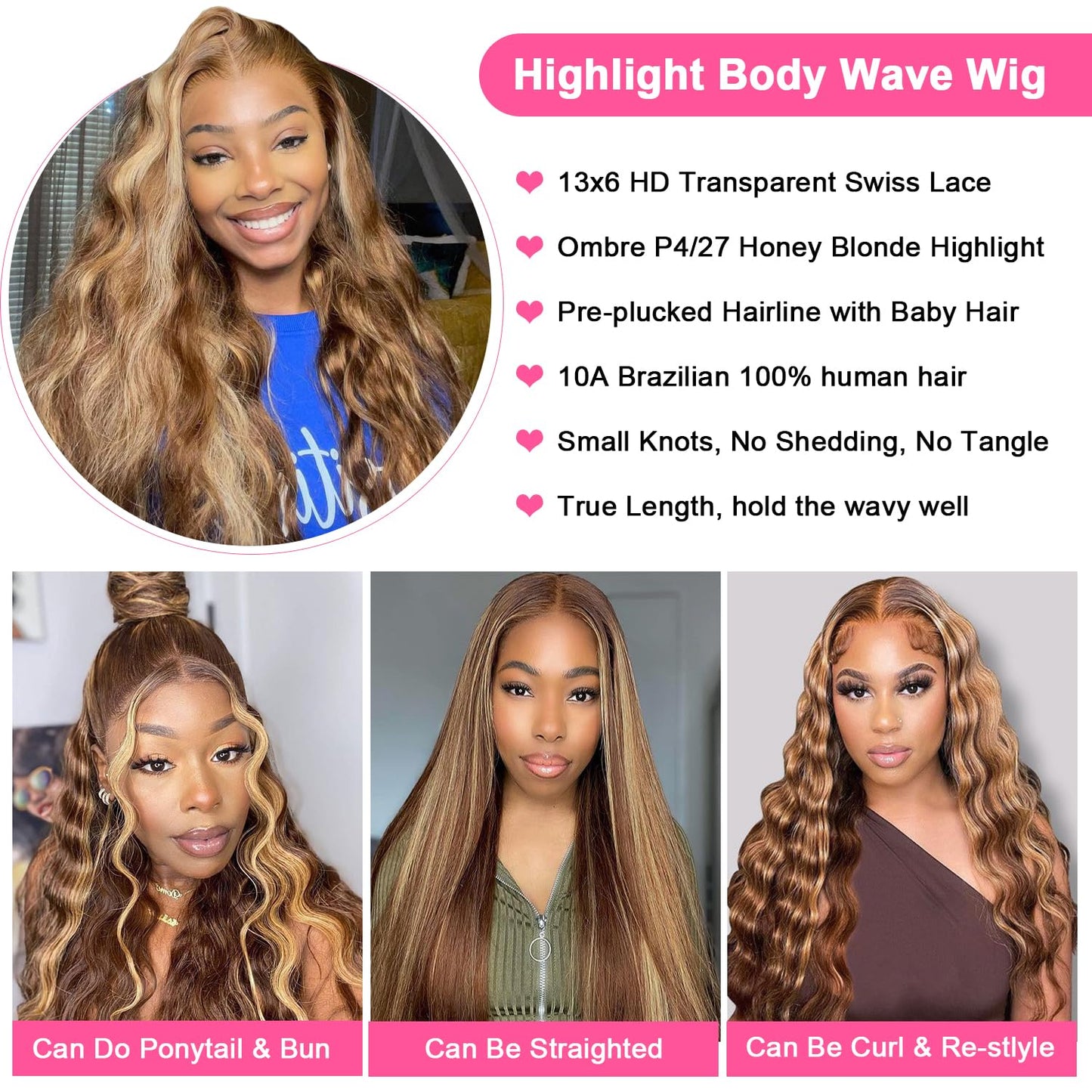 28 Inch Highlight Lace Front Wig Human Hair Ombre Lace Front Wig Human Hair Wigs for Women 13x6 Body Wave Lace Front Wigs Human Hair Honey Blonde HD Lace Front Wig Human Hair with Baby Hairline