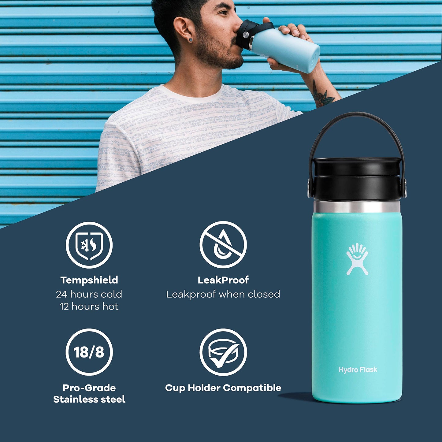 Hydro Flask Wide Mouth with Flex Sip Lid - Insulated Water Bottle Travel Cup Coffee Mug Tumbler 12 Oz