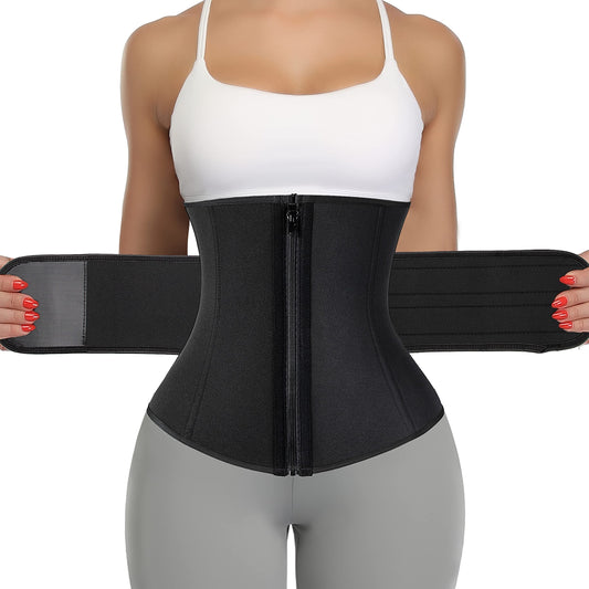 KIWI RATA 2 in 1 Neoprene Sauna Waist Trainer Corset Sweat Belt for Women Tummy Control Bands Compression Workout Fitness Trimmer,#1 Zipper Black,Medium