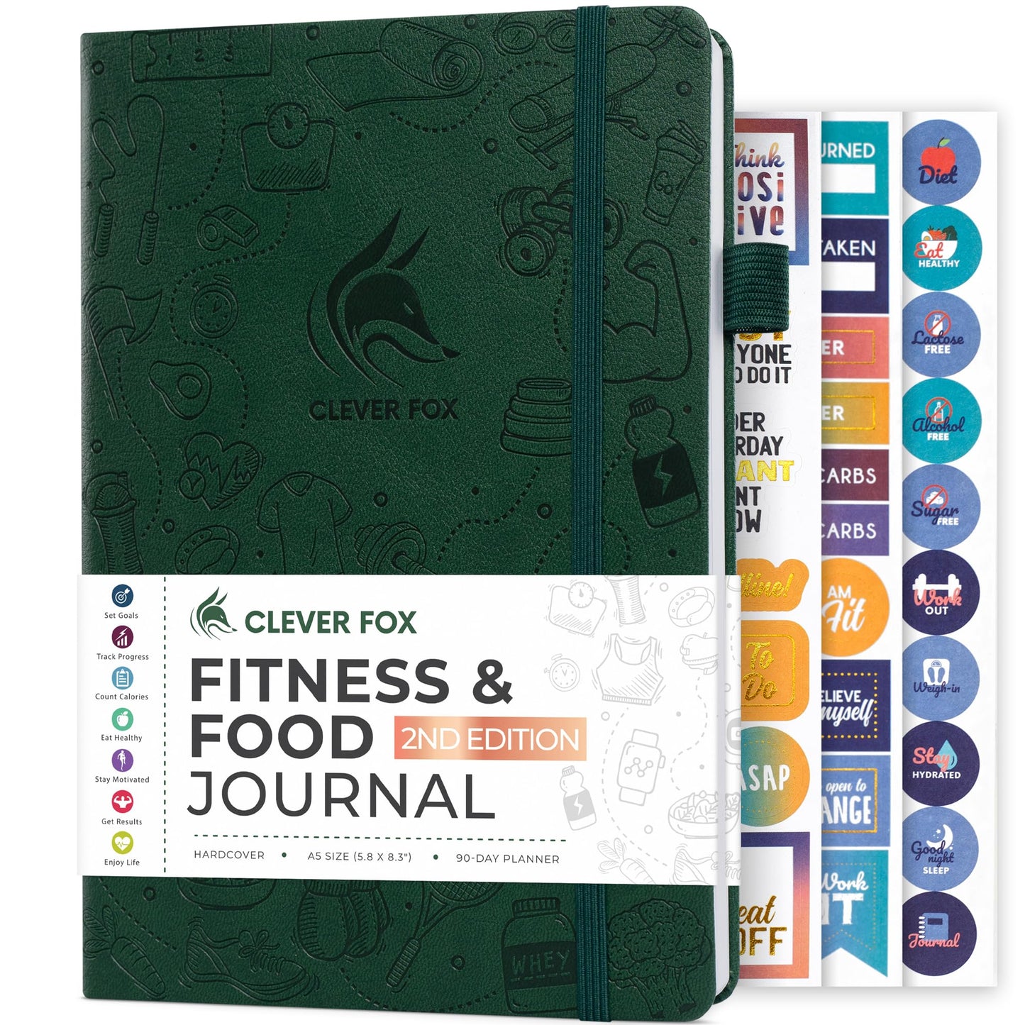 Clever Fox Fitness & Food Journal – Nutrition & Workout Planner for Women & Men – Diet & Gym Exercise Log Book with Calendars, Diet & Training Trackers - Undated, A5 Size, Hardcover (Forest Green)
