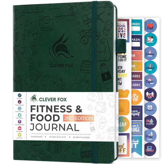 Clever Fox Fitness & Food Journal – Nutrition & Workout Planner for Women & Men – Diet & Gym Exercise Log Book with Calendars, Diet & Training Trackers - Undated, A5 Size, Hardcover (Forest Green)