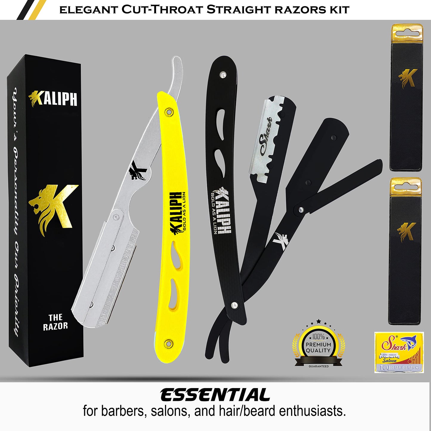 Kaliph Professional Barber Straight Razor For Men - Premium Pack of 2Pcs Shavette Straight Razor With 100 Shaving Blades - Salon Quality Men's Manual Cut Throat Razor For Close Shaving (Black & Yellow