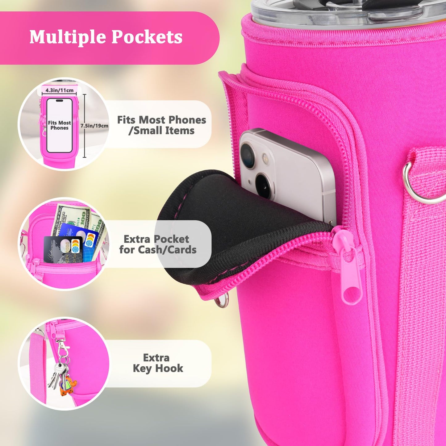 Water Bottle Carrier Bag with Phone Pocket Compatible with Stanley/Meoky 40 oz Tumbler with Handle,Neoprene Water Bottle Holder Pouch with Adjustable Strap Compatible with Stanley Cup Accessories