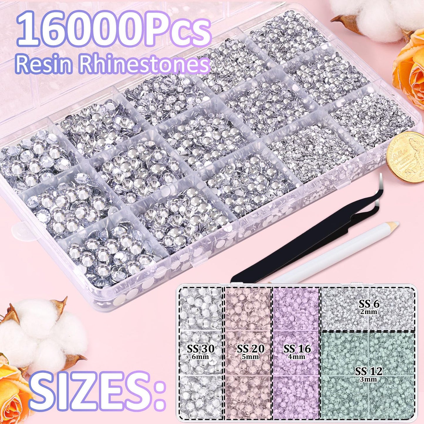 16000Pcs Resin Rhinestones with Tweezers for Crafting, Silver Clear 2-6mm Mixed Sizes Flatback Gems, Bedazzling Crystal for DIY Crafts Clothing Tumblers Mugs Shoes Fabric Nail Art