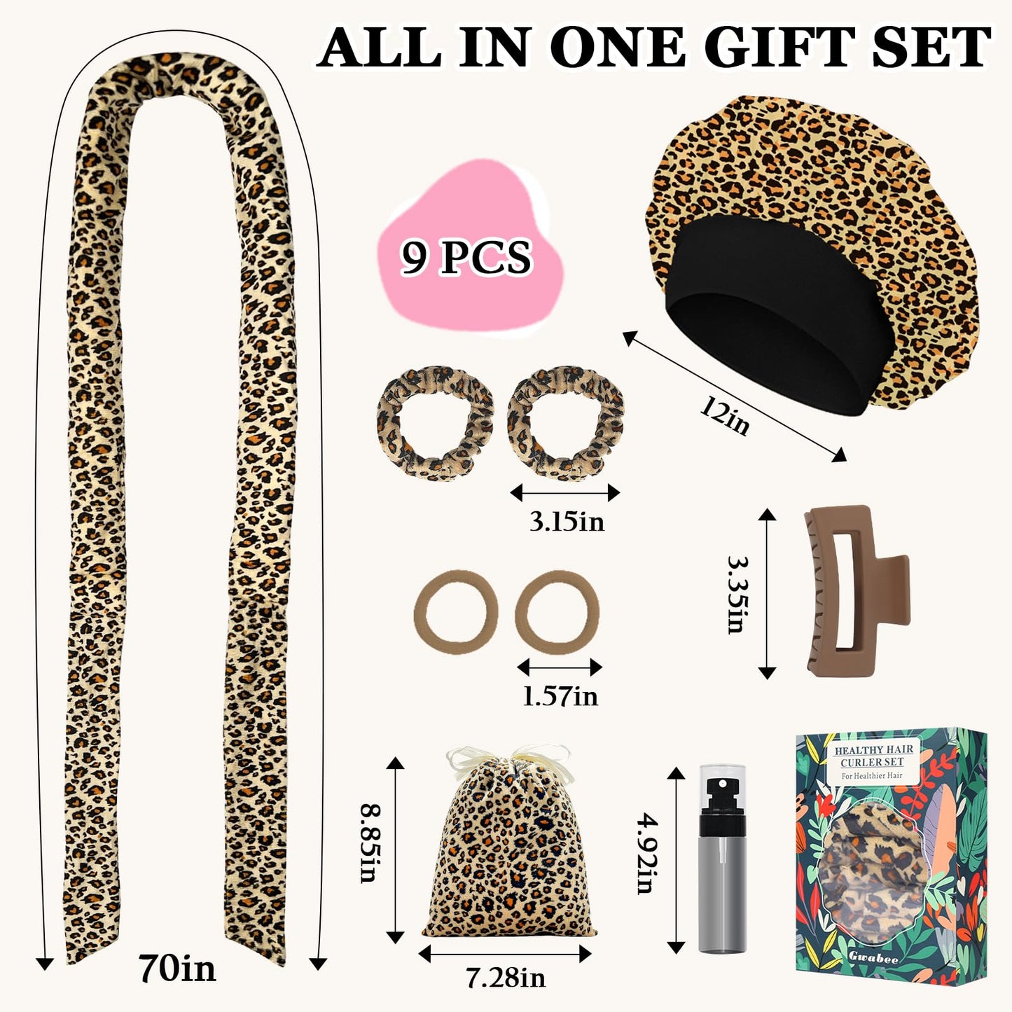 Gwabee No Heat Overnight Curl Headband - 70" Soft Ribbon Wrap for Long Hair, 9 PCS Curling Rods Set - Leopard Print Curls Headband