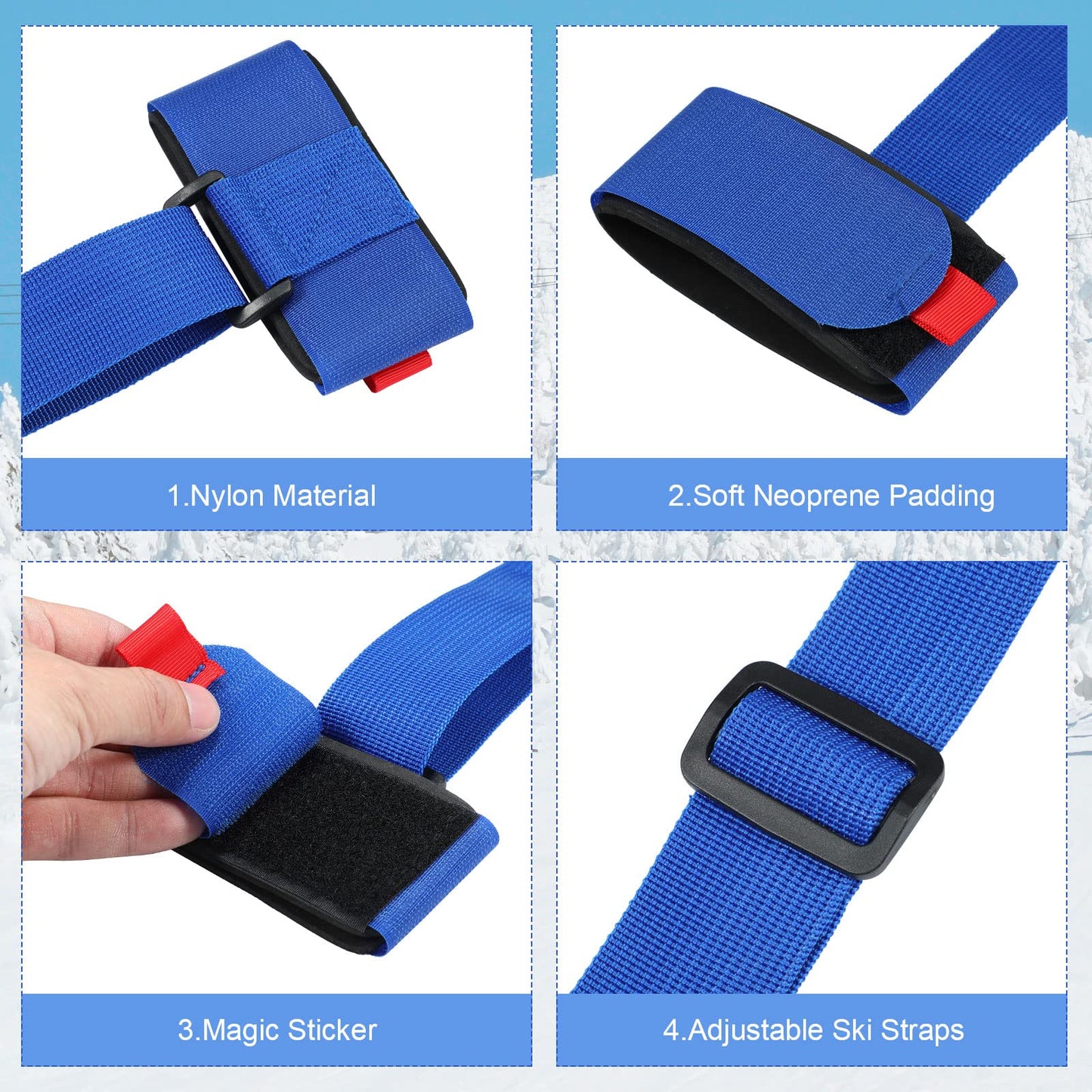 4 Pack Ski Straps Ski Carrier Strap Adjustable Shoulder with Cushioned Fastener Tape Strap Loop Strong for Adults Kids