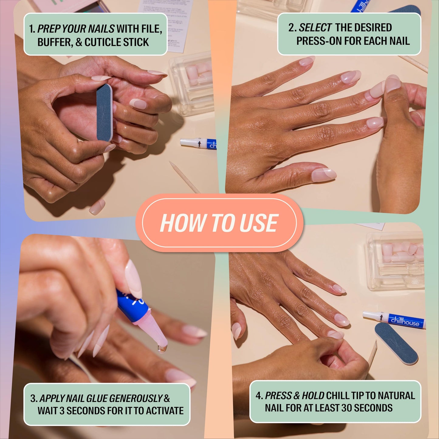 Chillhouse - Chill Tips, Press on Nails Kit - Luck Be a Lady (Long Almond) - 24 Nail Shapes & Sizes - Up to 3 Weeks Wear - Customizable Fit - Reusable - Latina Founded, Women Owned, Beauty, Self Care