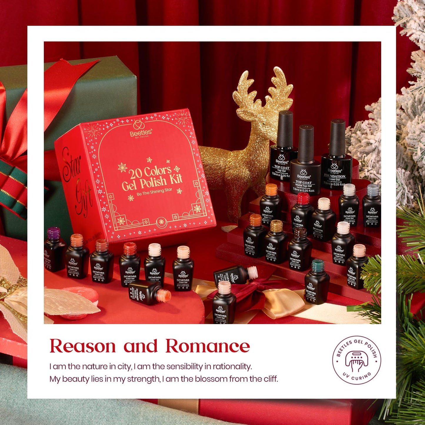 Beetles 23Pcs Gel Nail Polish Kit with Base Gel Top Coat Reason and Romance Collection Orange Brown Burgundy Red Gray Golden Soak off UV Nail Lamp Valentine's Day Gift for Women