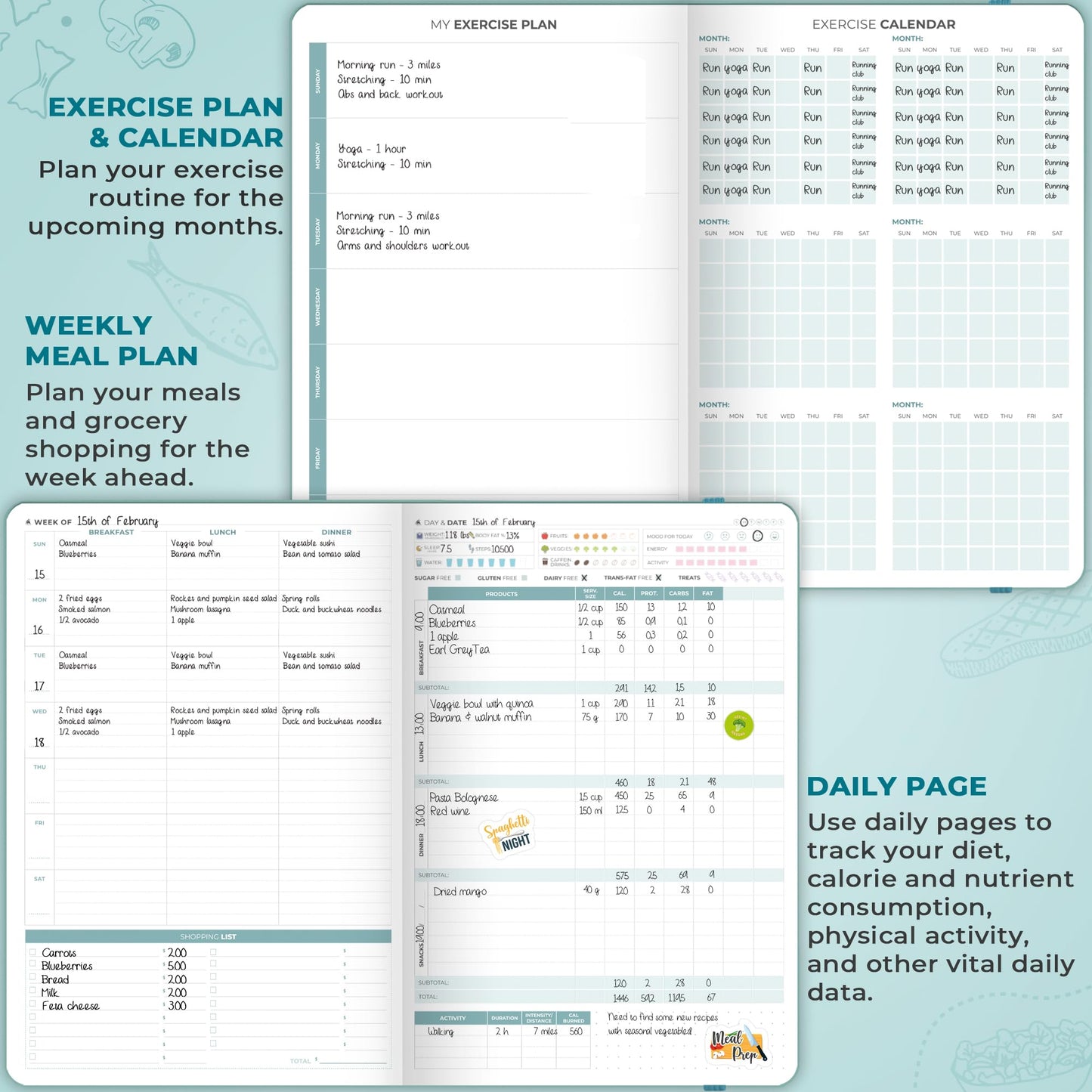 Clever Fox Food Journal Pro – Diet & Wellness Planner for Women & Men – Weight Loss Diary with Calorie Tracker – Food Log for Tracking Meals, Exercise & Weightloss - Undated, 7" x 10" Aquamarine
