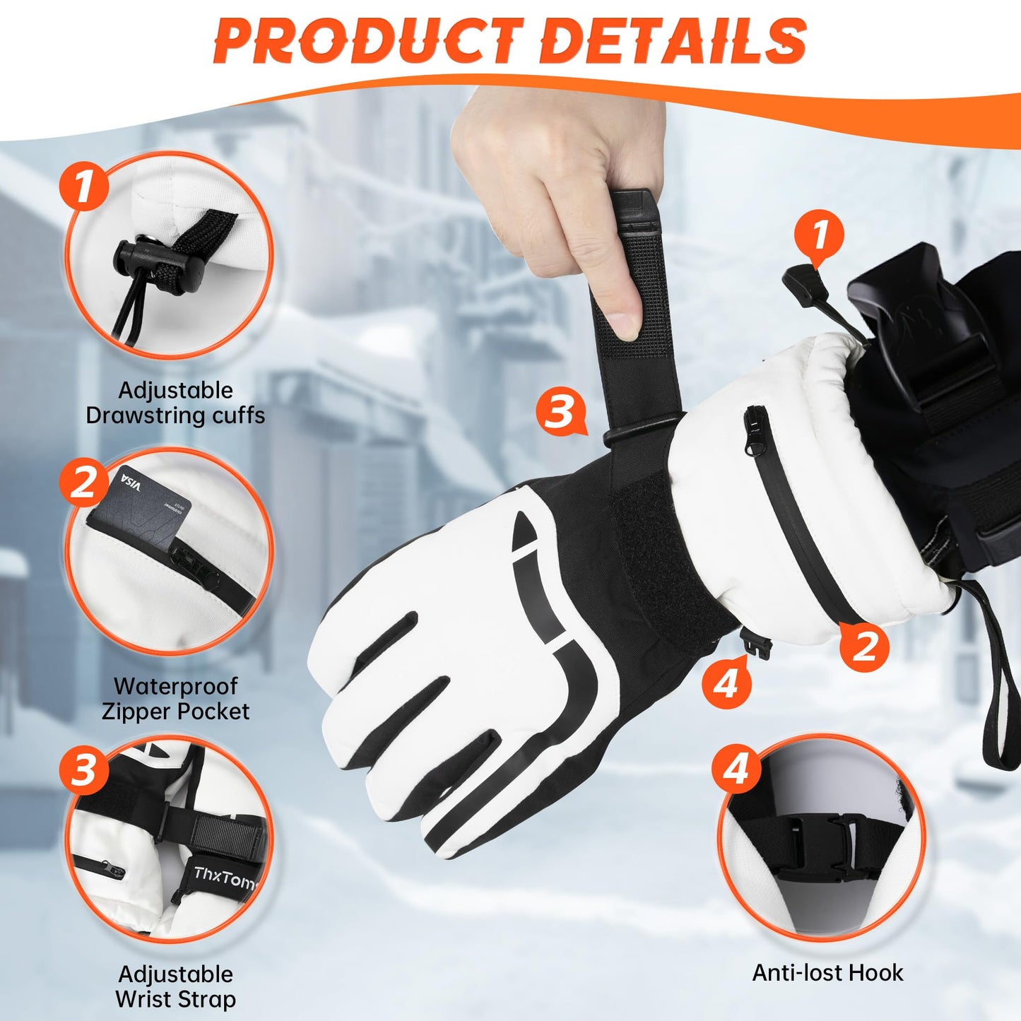 ThxToms Ski Gloves, Waterproof Winter Gloves for Men Women, 3M Thinsulate Warm Gloves, Unisex Touchscreen Snowboarding Gloves, Medium, White