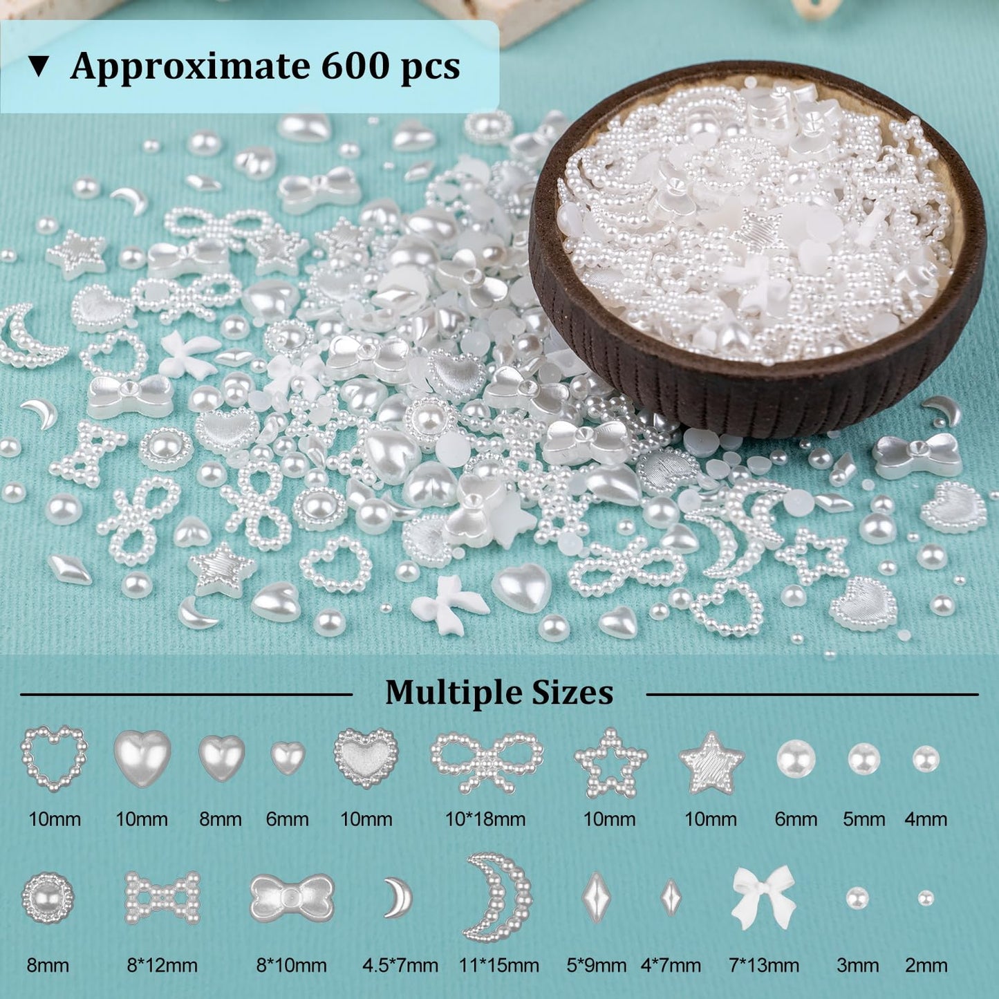 600Pcs 3D Multi Shapes Nail Charms and Flatback Pearls, White Mix Styles Heart Star Bow Sunflower Embellishments for Nail Art, Craft and Decoration with Tweezer and Pickup Pencil