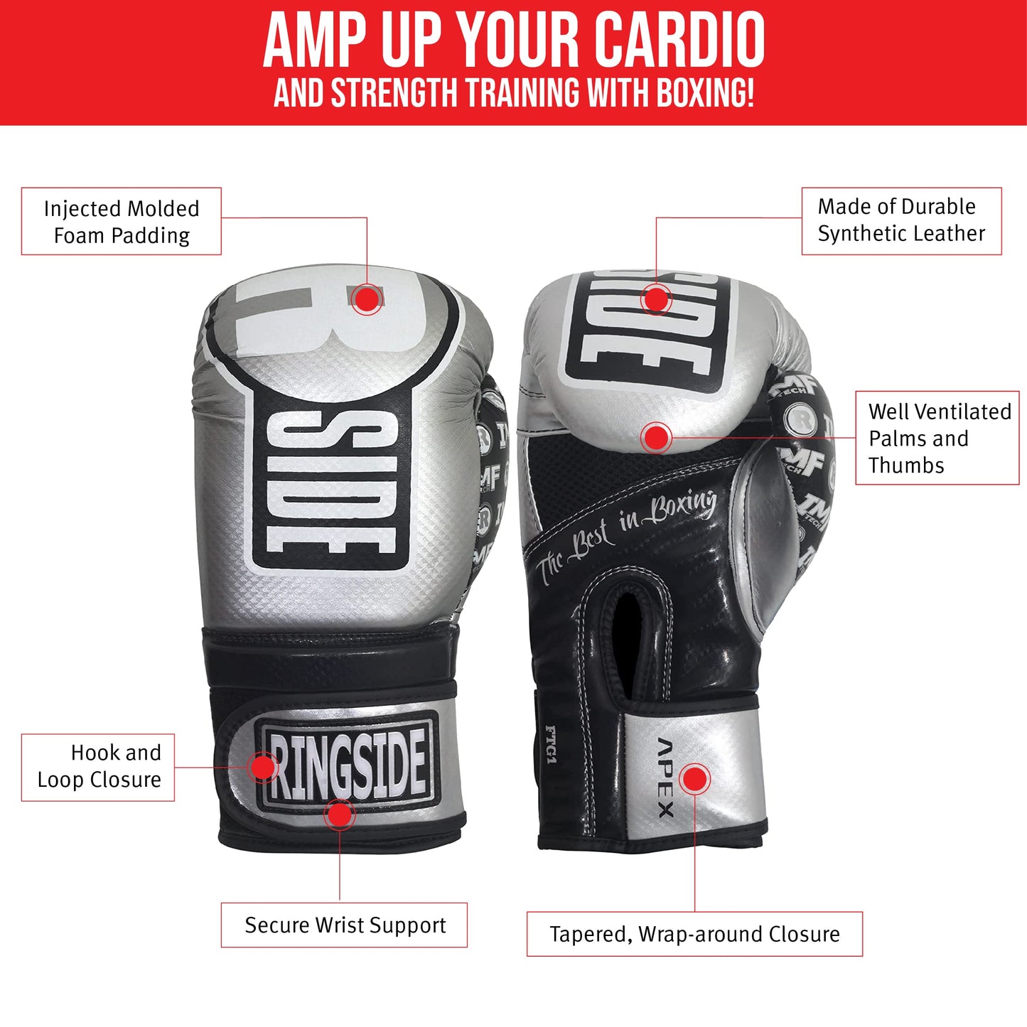 Ringside Unisex Adult FTG1 SV/BK L/XL Apex Bag Gloves, Silver/Black, Large-X-Large US