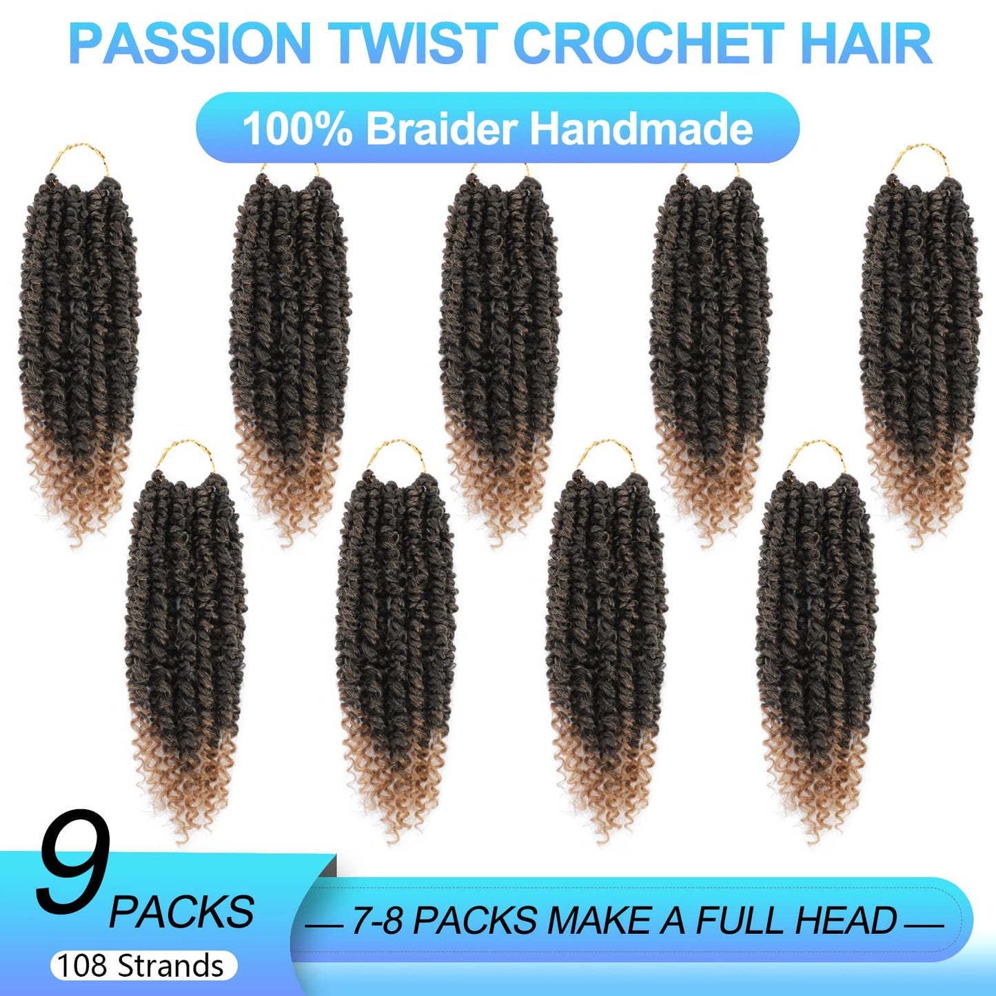 passion twist crochet hair Pre Looped, 8 Inch 9 Packs Pretwisted Passion Twist Hair,Soft Pre Twisted Ombre Crochet Hair For Women Short Curly Crochet Braids(8",T1B/27#)