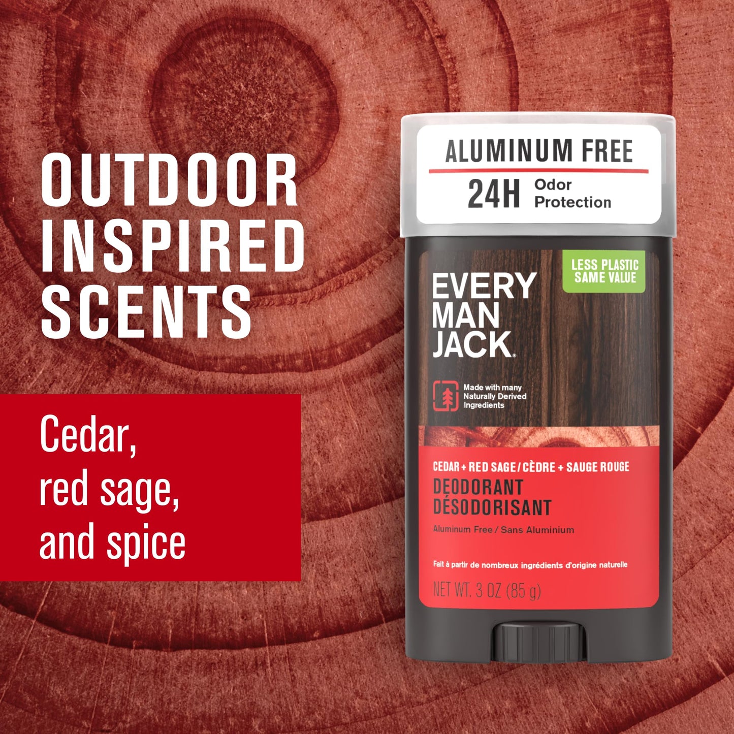 Every Man Jack Cedar + Red Sage Men’s Deodorant - Aluminum Free Deodorant - 24-Hour Odor Protection w/Naturally Derived Ingredients - 3oz (2 Pack)