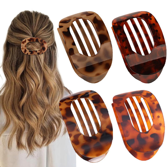 4 PCS Flat Hair Clips, Round Lay Down Claw for Women Girls, French Strong Hold Barrettes for Thick Thin Hair, Comfortable Curved Flat for Lying, Driving and More (Tortoise)
