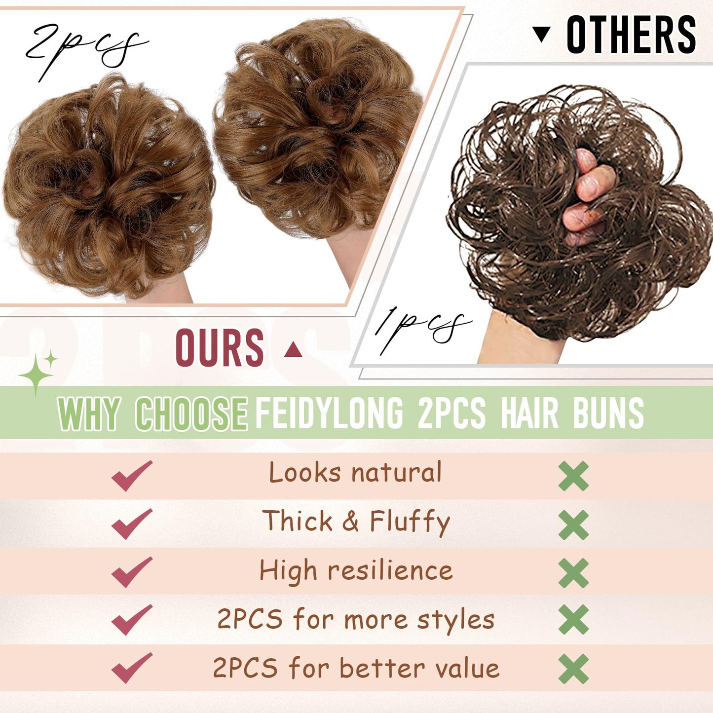FeidyLong 2 PCS Messy Bun Hair Piece Wavy Curly Scrunchies Synthetic Chignon Ponytail Hair Extensions Thick Updo Hairpieces for Women Girls(Light Auburn)