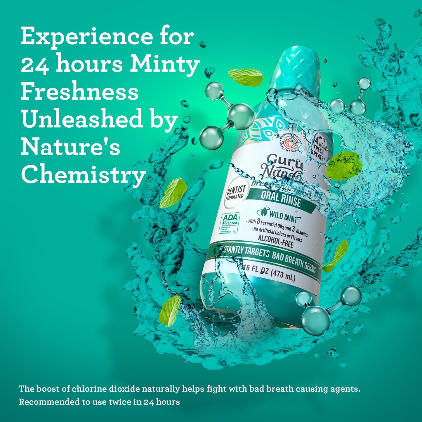 GuruNanda Fresh Breath Mouthwash, ADA-Accepted, Alcohol & Fluoride-Free, Sodium Chlorite, Essential Oils & Vitamins, 12-Hrs Fresh Breath, Wild Mint, 16 oz