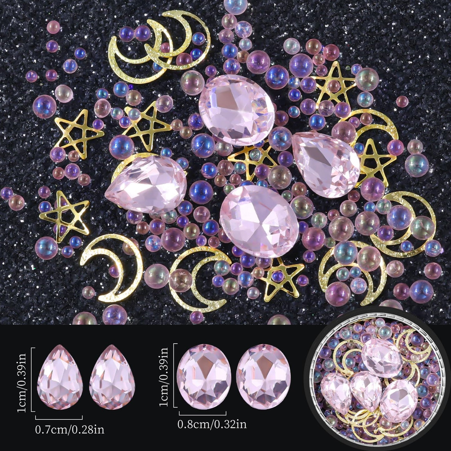 6 Wheels Mixed Sparkle Nail Art Rhinestones Diamonds Crystals Butterfly Beads Artificial Pearls Gold Silver Nail Studs Gems Metal Hollow Rivets Charms (Pink)