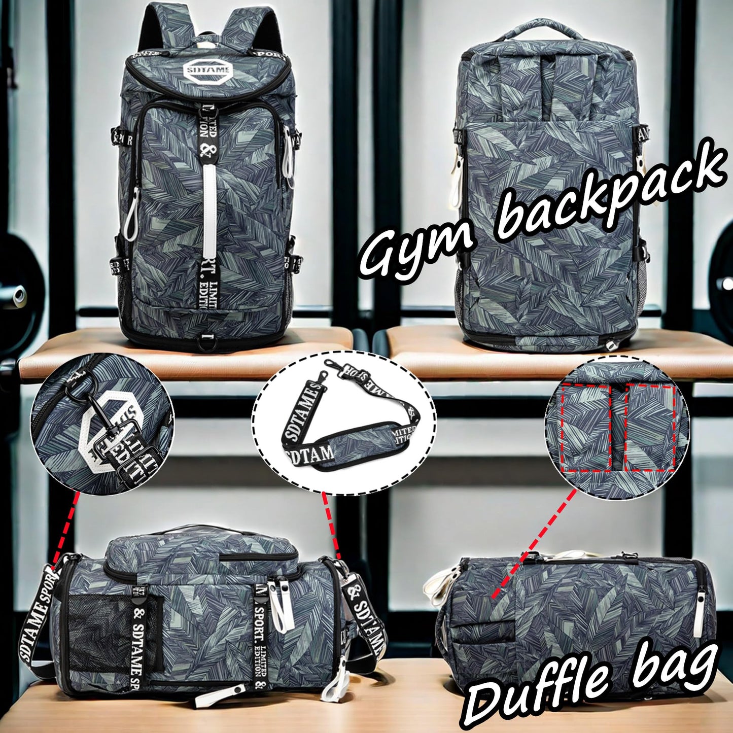 Gym Duffle Bag Backpack with Shoe Compartment,4 ways Travel Backpack for Women and Men,Multi-Functional Weekender bag with Waterproof Layer&Laptop Compartment for Fitness, Travel,Camping(Silver)