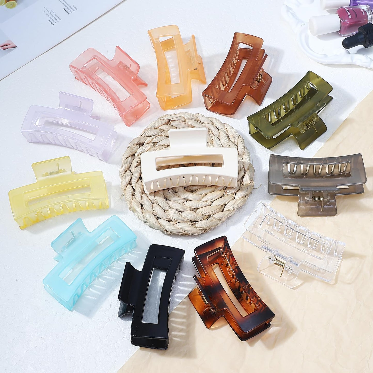 Sisiaipu 12 Pack Medium Square Claw Hair Clips, 3.5 x 2 x 1.1 inch, Shiny, 12 Colors, Hair Accessories for Women and Girls, Rectangular Rectangle Jaw Clips for Thick and Thin Hair Securing, 12 Pieces