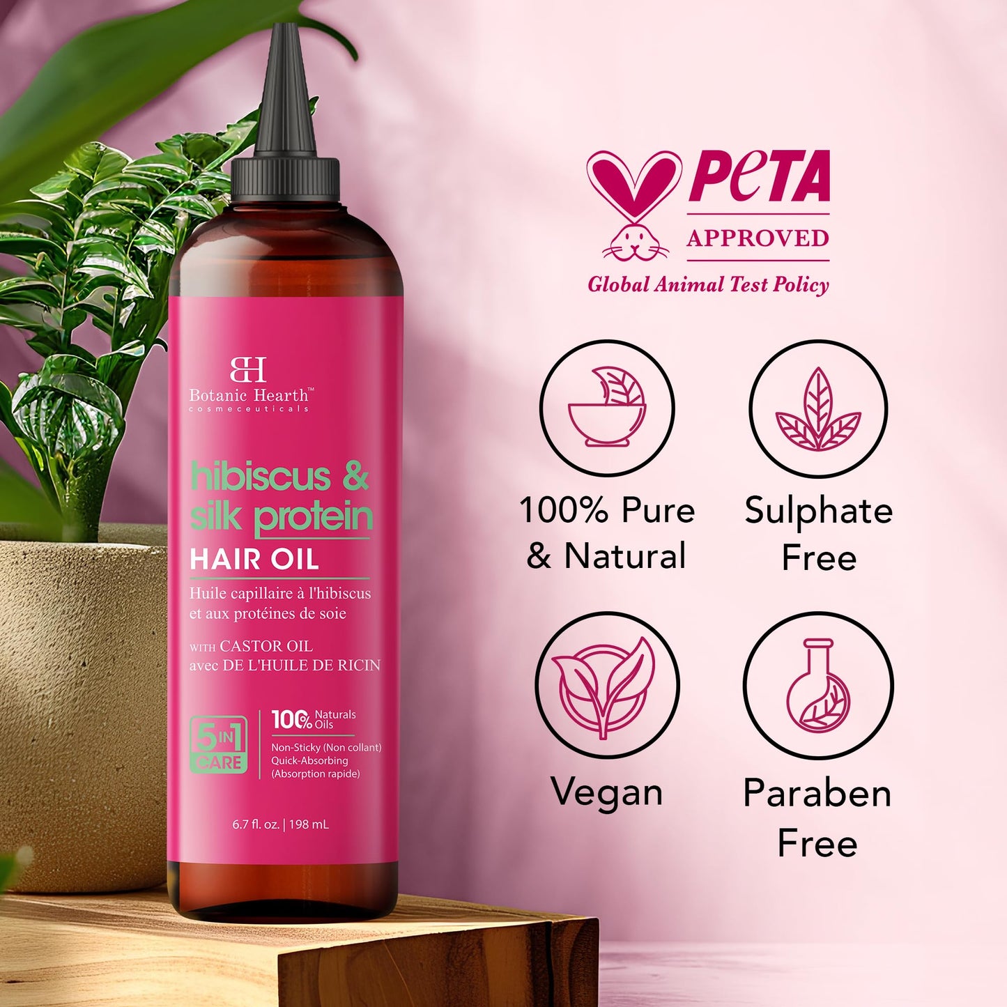Botanic Hearth Hibiscus & Silk Protein Hair Oil (6.7 fl oz) | Hydrating and Strengthening Hair Treatment for Smooth, Shiny, and Healthy-Looking Hair | Paraben Free | Suitable for All Hair Types