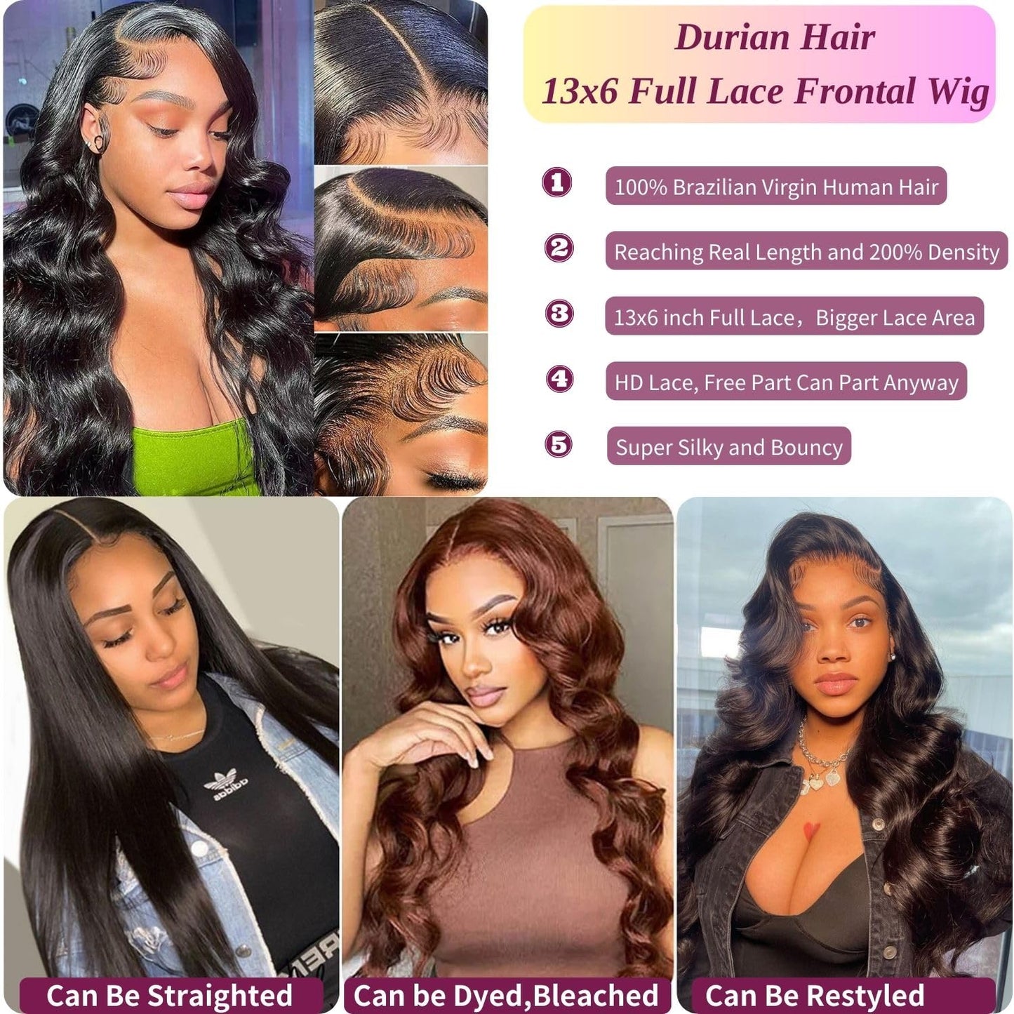 13x6 Body Wave Lace Front Wigs Human Hair 200% Density HD Lace Front Wigs Pre Plucked Glueless Wigs Human Hair For Women Full Body Wave Wigs with Baby Hair Natural Color 20 Inch