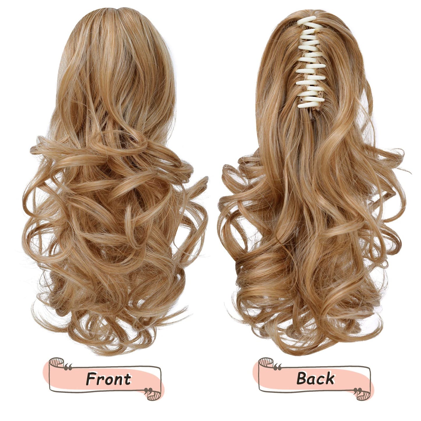 HEWEICSY Ponytail Extension, Hair Extensions Ponytail Claw 14" Wavy Fake Hair Curly Synthetic Ponytail Wig Clip Daily Fluffy Pony Tail Hair Piece for Women(Darkest Blonde)