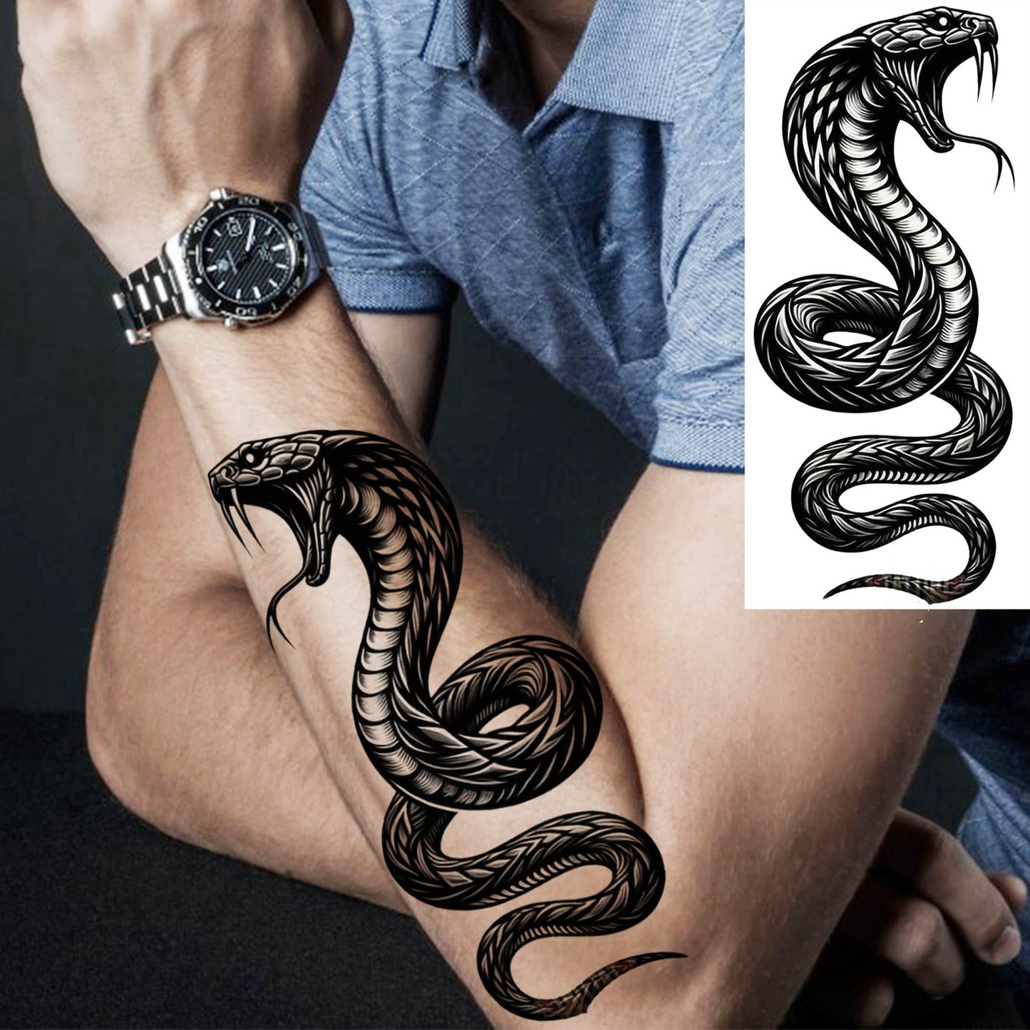 8 Sheets Cobra Snake Temporary Tattoos For Women Men Adults, Half Arm Sleeve Fake Tattoo Stickers Serpent, 3D Waterproof Halloween Black Realistic Snake Tattoos For Legs Forearm Back Neck Sets