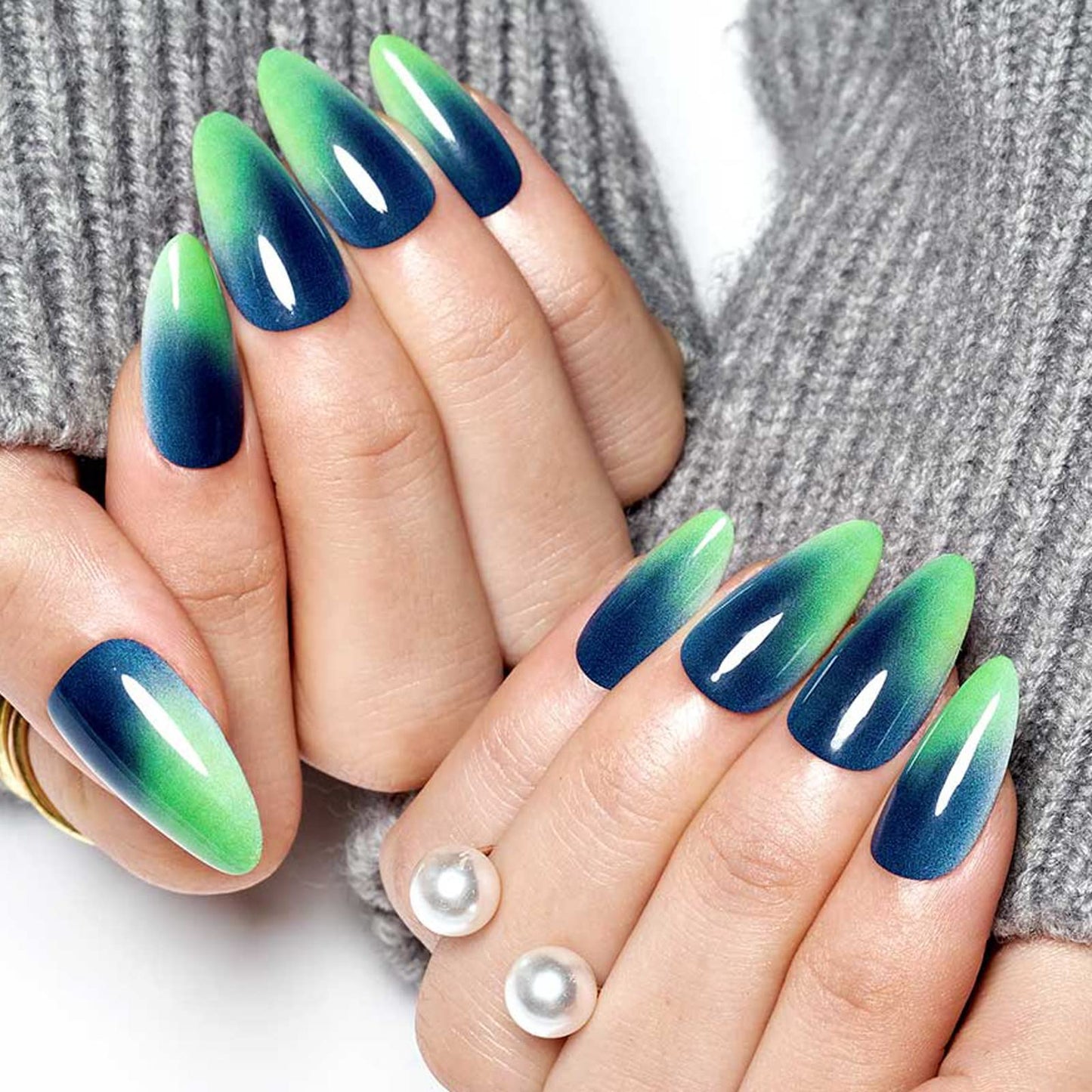 GLAMERMAID Press on Nails Medium Almond, Handmade Green Ombre Gel Glue on Nail, 24Pcs Glossy Short Stiletto Reusable UV Finish Fake Nails Acrylic False Nails Manicure Kits for Women