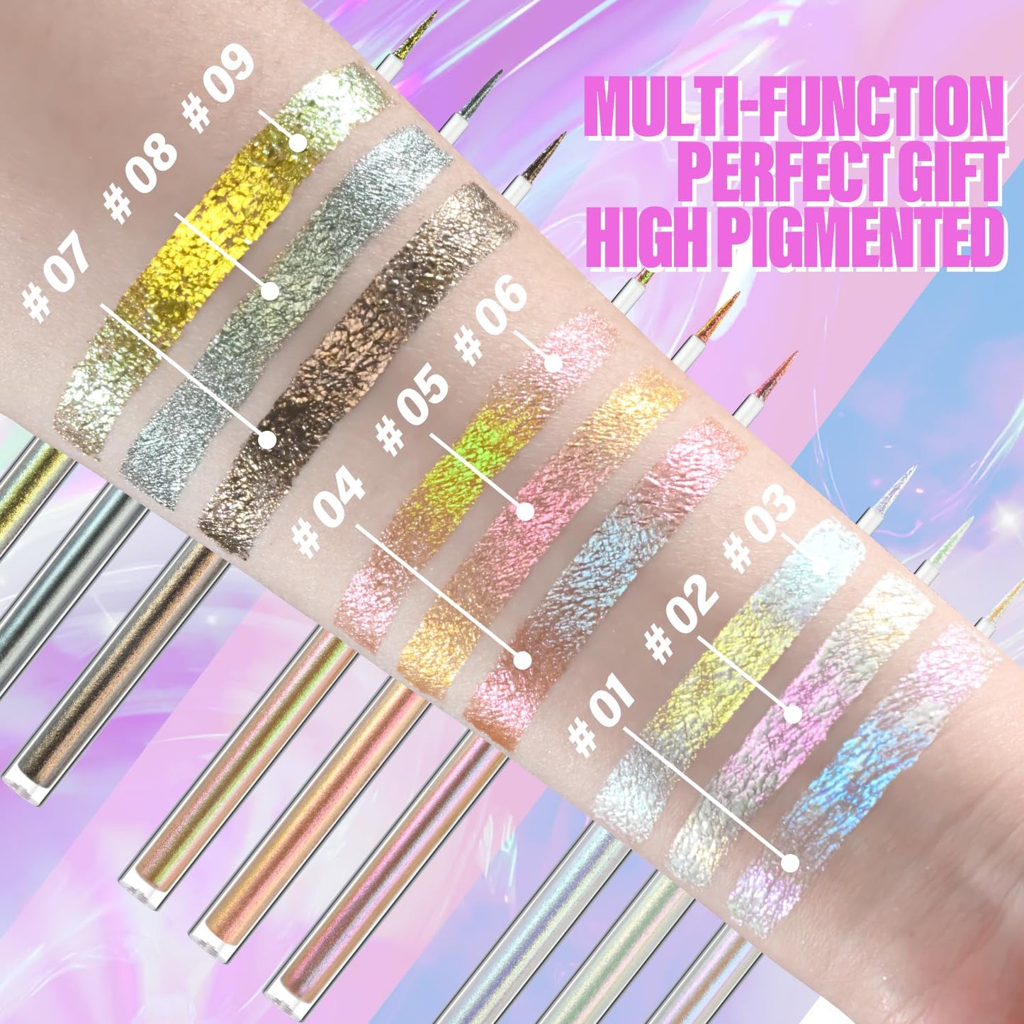 JUR MORNIER Multichrome Liquid Eyeshadow Set,3 Colors Multi-Dimensional Eye Liner Makeup,High Pigment Waterproof Metallic Eyeshadow,Ultre Fine Tip Glitter Eyeshadow (01 aurora+02 twilight+03 moonbow)
