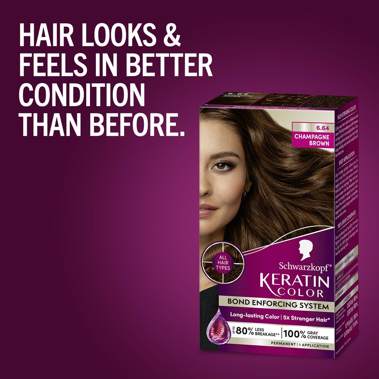 Schwarzkopf Keratin Color Permanent Hair Color, 6.64 Champagne Brown, 1 Application - Salon Inspired Permanent Hair Dye, for up to 80% Less Breakage vs Untreated Hair and up to 100% Gray Coverage