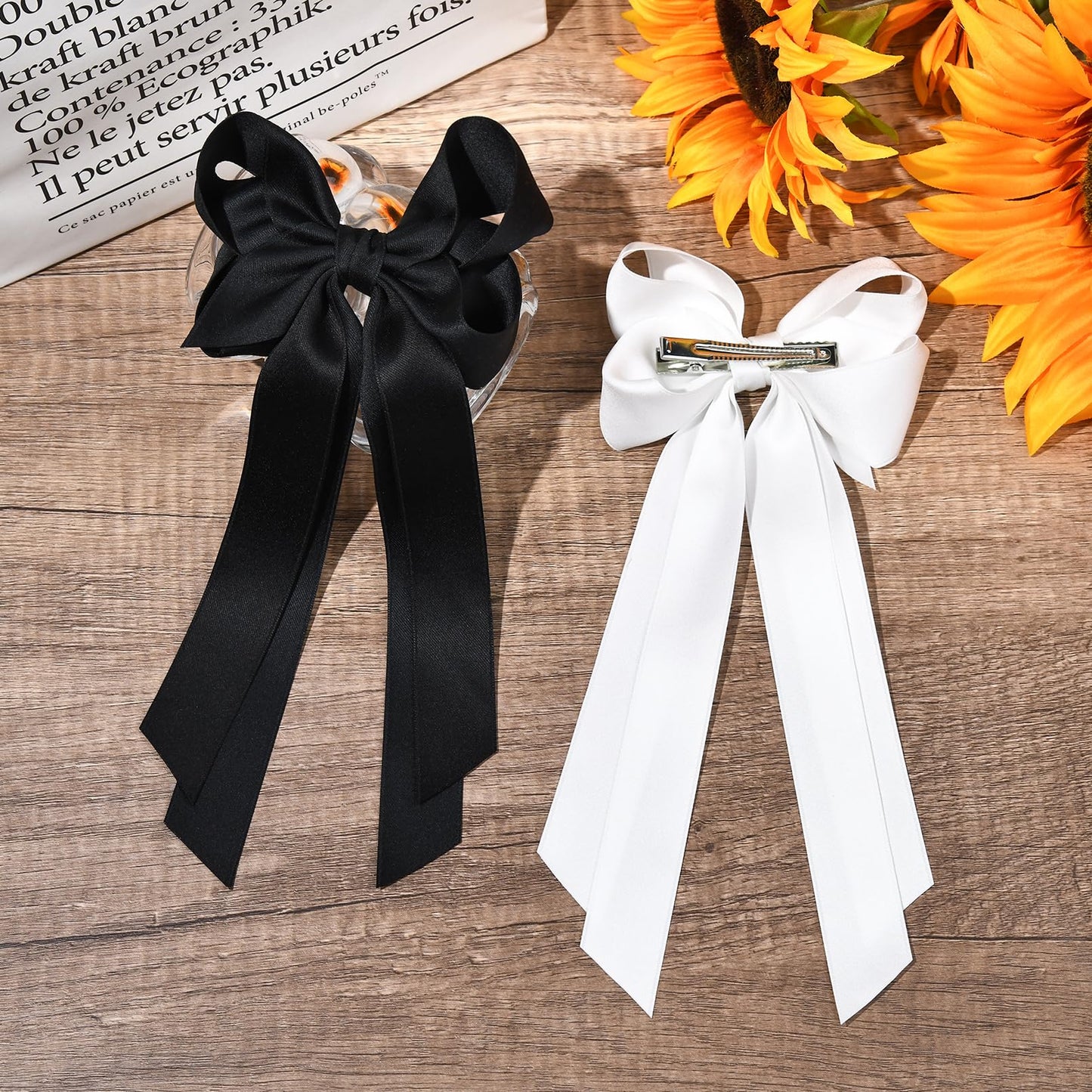 2PCS Hair Bows for Women Hair Clip Black White Hair Ribbon Accessories Slides Metal Clips Hair Bow for Women Girls Toddlers Teens Kids