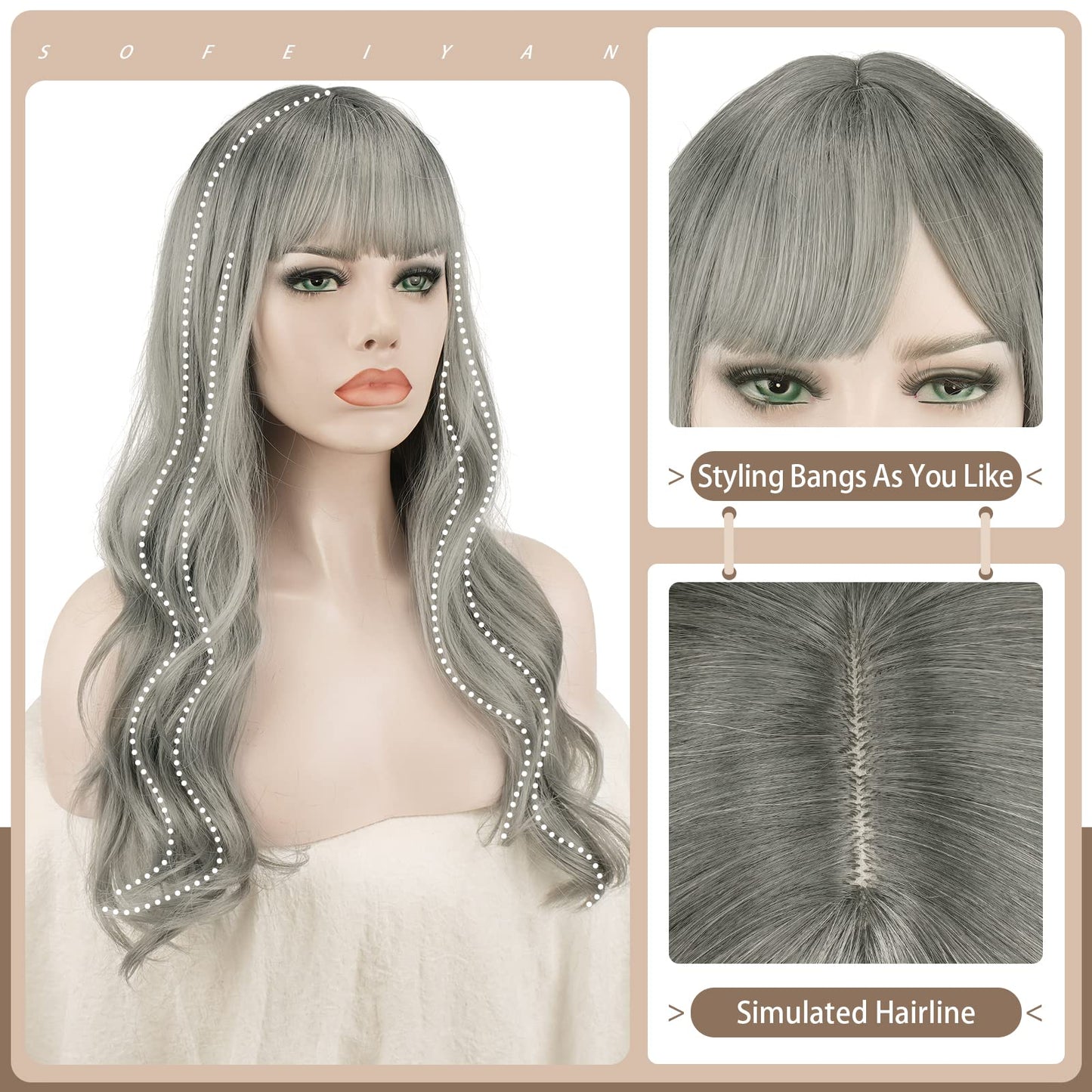 SOFEIYAN Ombre Wig with Bangs Long Curly Wavy Synthetic Wigs for Women Gray Hair Wig Heat Resistant Colorful Natural Wavy Wigs Daily Party Wigs 24 Inches Gray