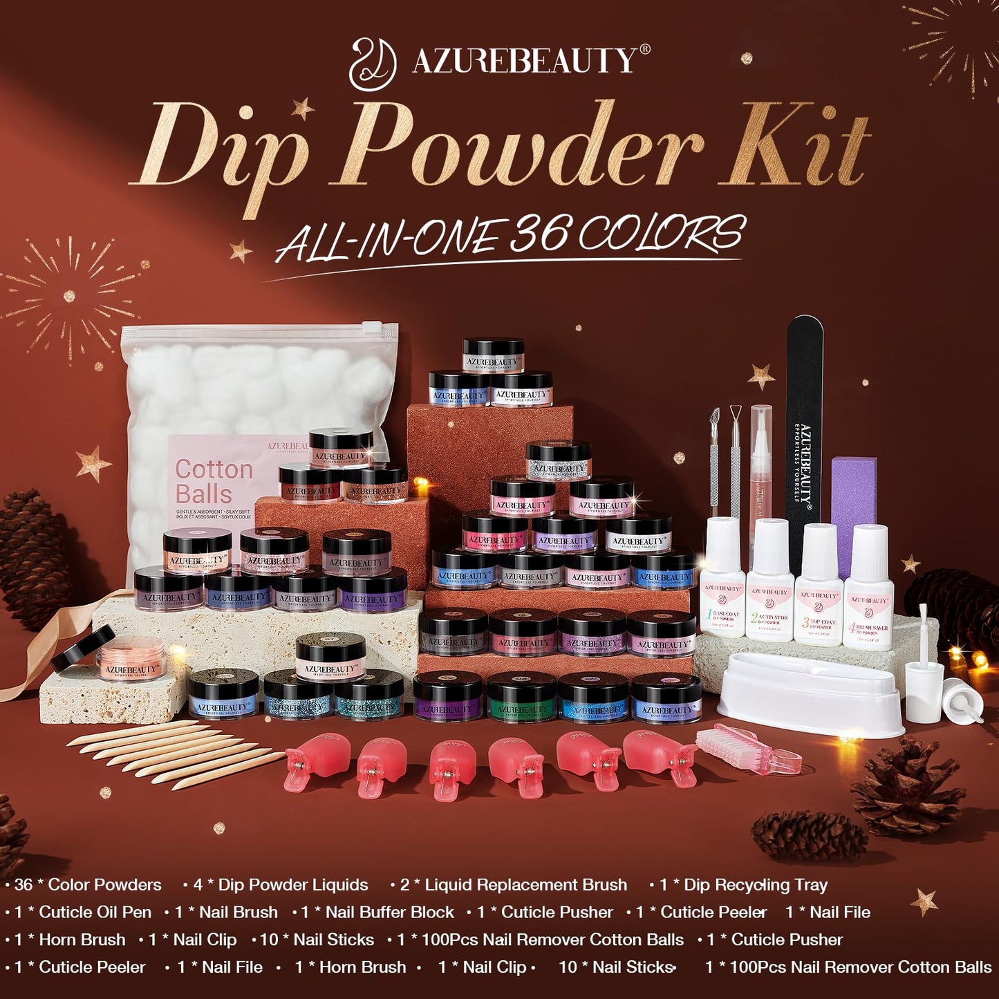 170Pcs Dip Powder Nail Kit, AZUREBEAUTY 36 Colors Brown Purple Christmas New Year Winter Dip Nail Powder Starter Set with Essential Liquid and Removal Accessories Set for French Nail Manicure Salon
