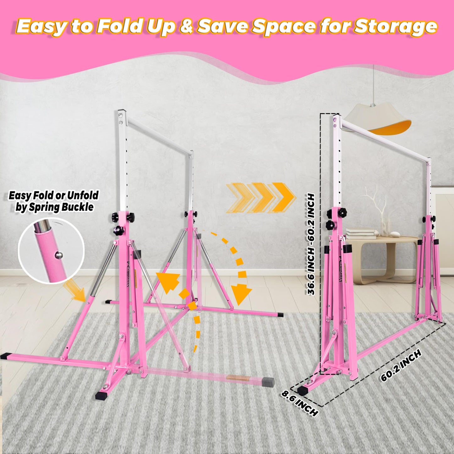 FC FUNCHEER Foldable Gymnastics Bar,5FT Horizontal bar,Adjustable Kids Training bar for Kids Ages 3-15,Kids Gymnastics bar,Triangle Stable Structure-Gym Equipment for Home