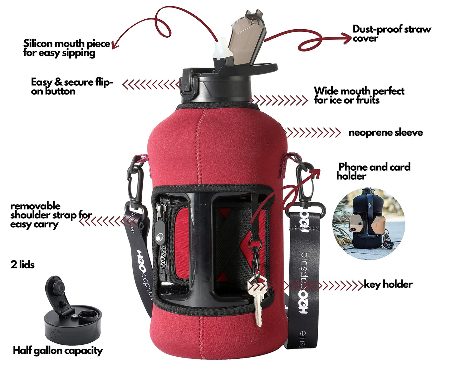 H2O Capsule 2.2L Half Gallon Water Bottle with Storage Sleeve and Covered Straw Lid – BPA Free Large Reusable Drink Container with Handle - Big Sports Jug, 2.2 Liter (74 Ounce) Maroon