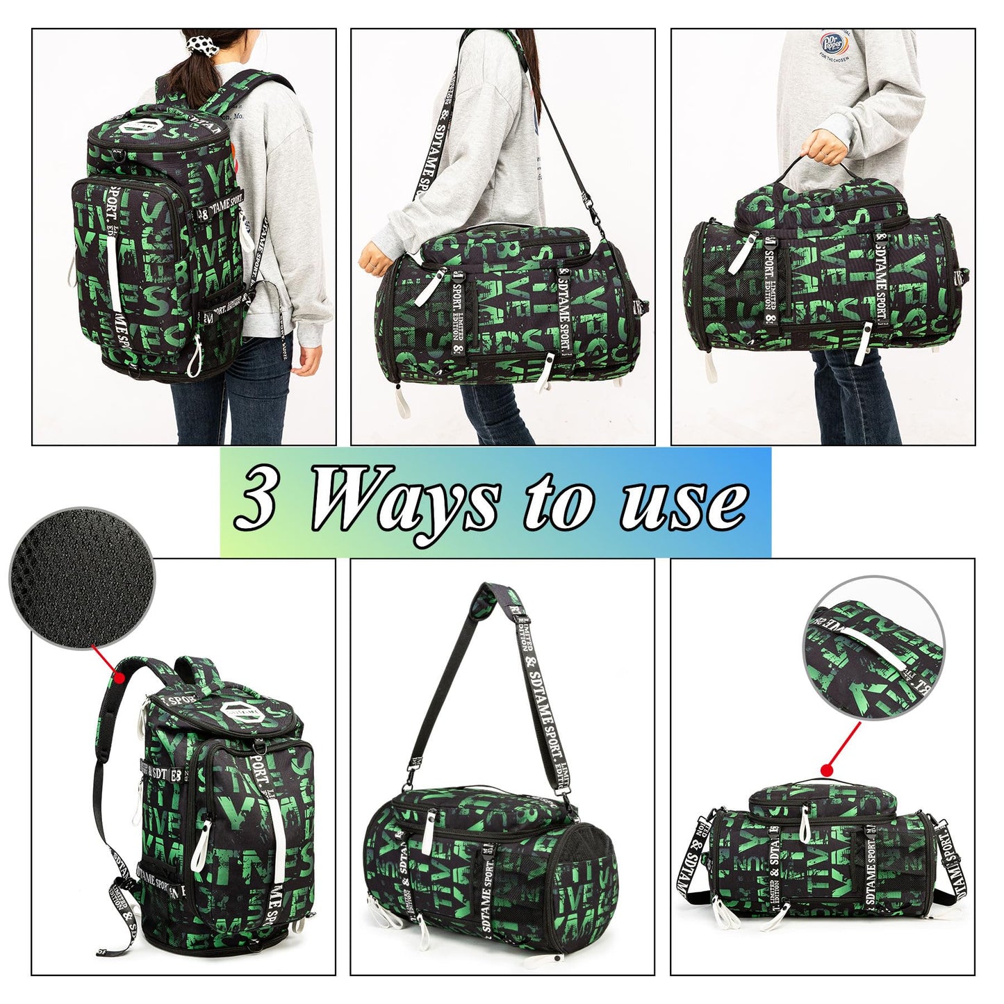 Gym Duffle Bag Backpack with Shoe Compartment,4 ways Travel Backpack for Women and Men,Multi-Functional Weekender bag with Waterproof Layer&Laptop Compartment for Fitness, Travel,Camping(Green)