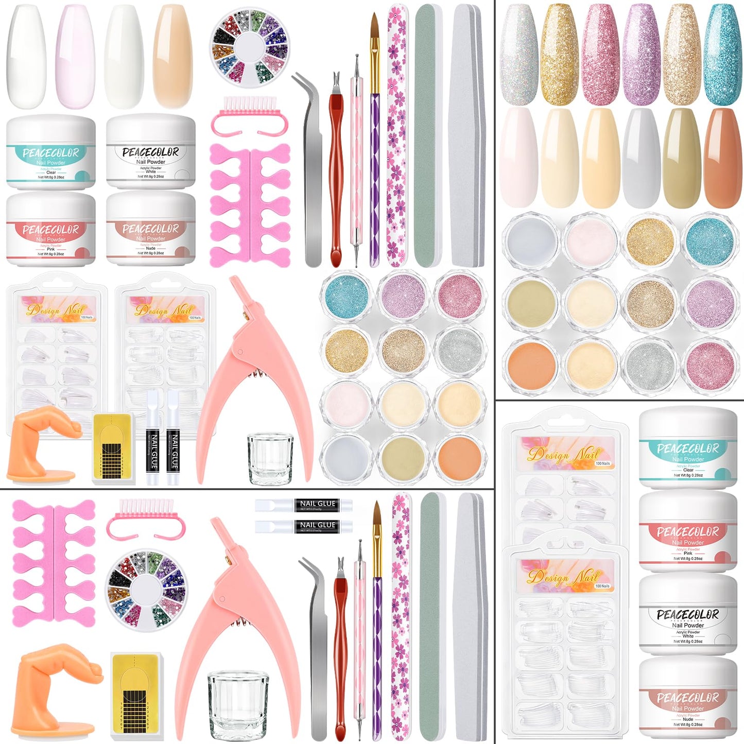 Acrylic Nail Kit for Beginners 4Pcs Acrylic Powder 12 Candy Color Glitter Powder Professional Nail Kit Acrylic Set Nail Art Rhinestones 200Pcs Nail Tips Full Nail Supplies DIY Home