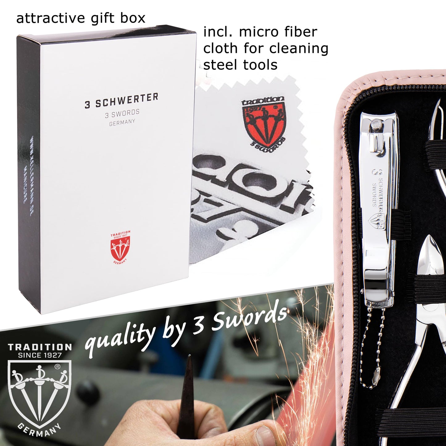 3 Swords Germany - brand quality 10 piece manicure pedicure grooming kit set for nail care scissors clipper pink synthetic leather case - Made by 3 Swords