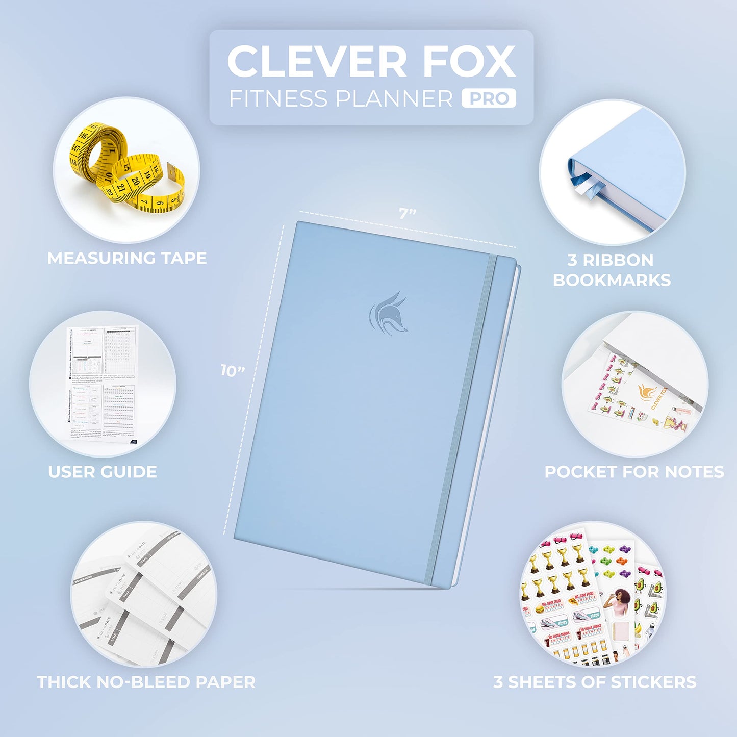 Clever Fox Fitness Journal PRO – Daily Workout Planner with Meal Planner & Habit Tracker – Gym Exercise Log Book for Women & Men – Fitness Planner Notebook – Lasts 6 Months, 7x10” - Light Blue