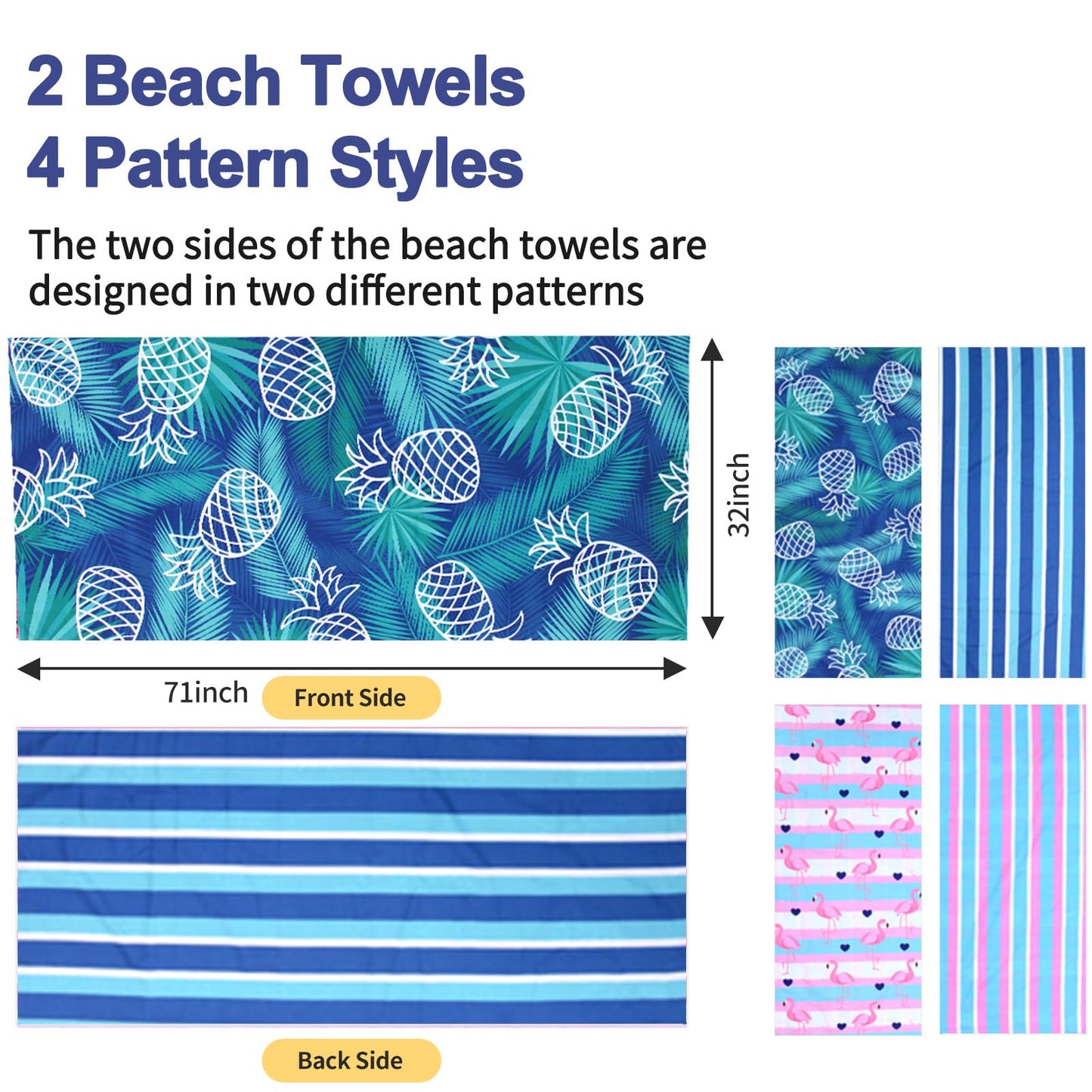 2 Pack Microfiber Oversized Lightweight Beach Towel for Adults Women Men, Reversible 71" x 32" XL Extra Large Thin Quick Dry Sand Free Pool Towels for Travel Sport Swimming Camping Picnic Yoga Gym