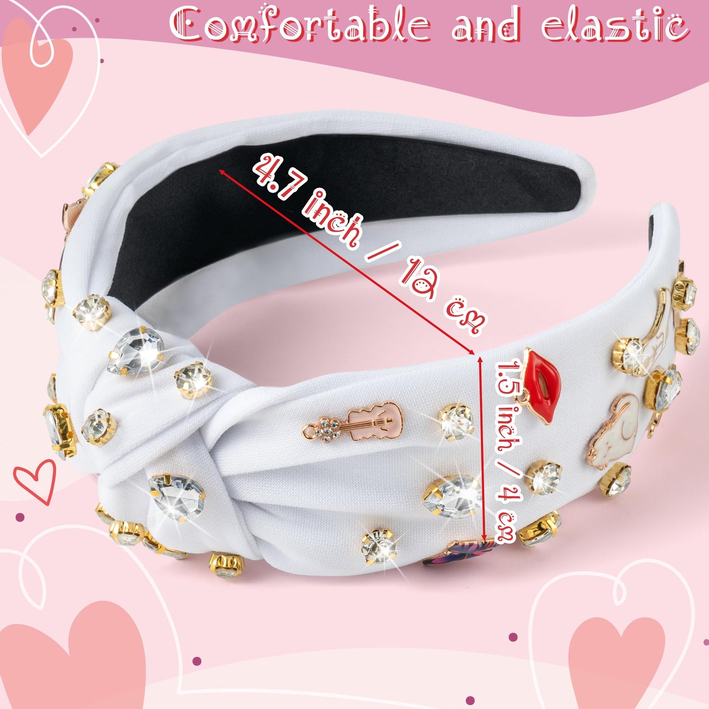PANTIDE Music Jeweled Knotted Headband - Singer Fans Gift Guitar Red Lip Rhinestone Crystal Embellished Headband Wide Top Knot Fashion Hairband Birthday Back To School Gift for Women Girls (White)