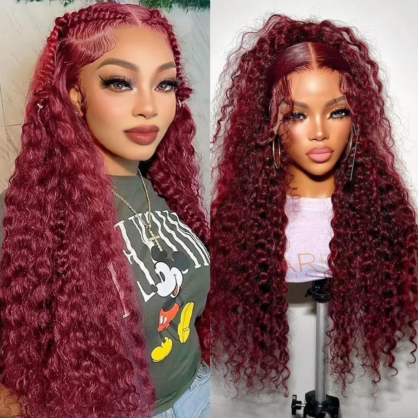 99j Burgundy 13x5 Deep Wave HD Lace Front Wigs Human Hair Pre Plucked Colored Curly Human Hair Wig Glueless Deep Curly Lace Frontal Wigs Red Human Hair Wigs for Women 180% Density （22 Inch）